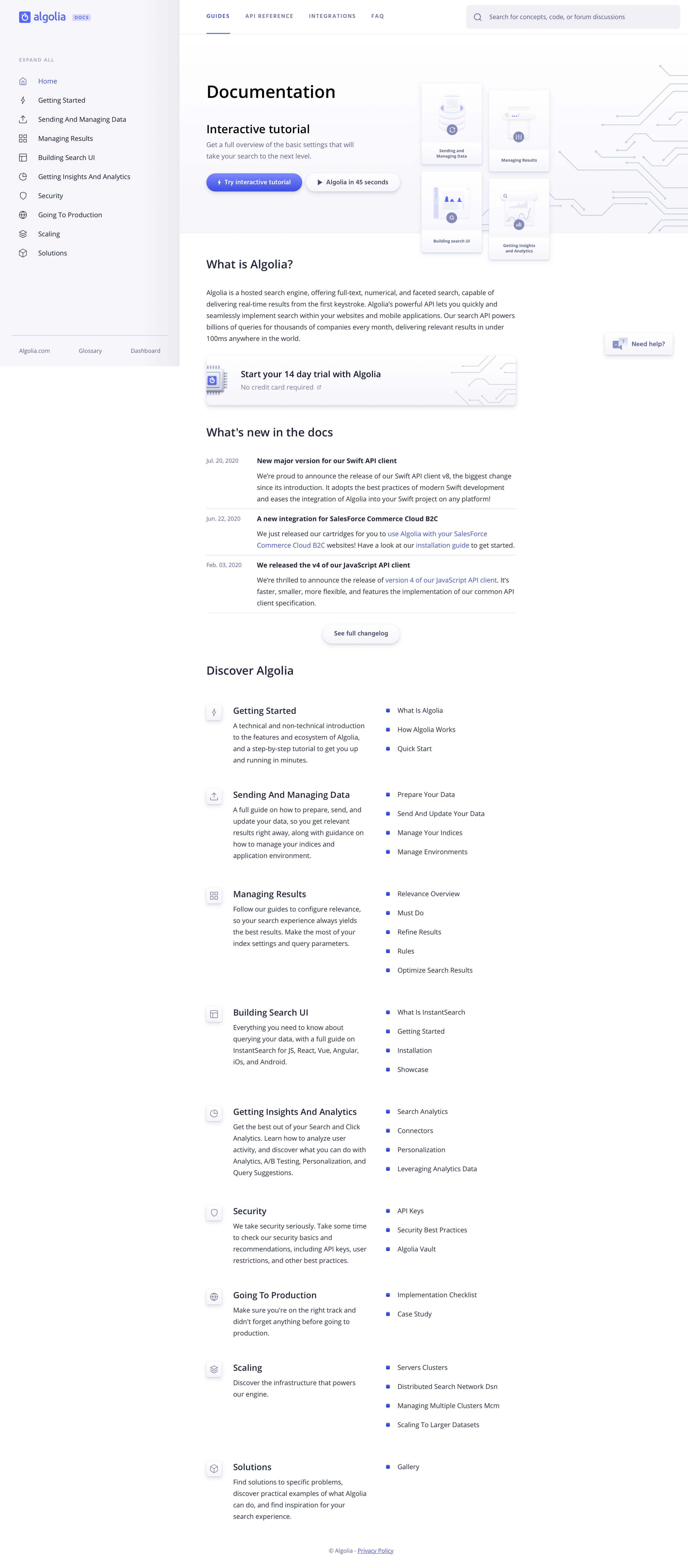 Algolia - Developers section screen