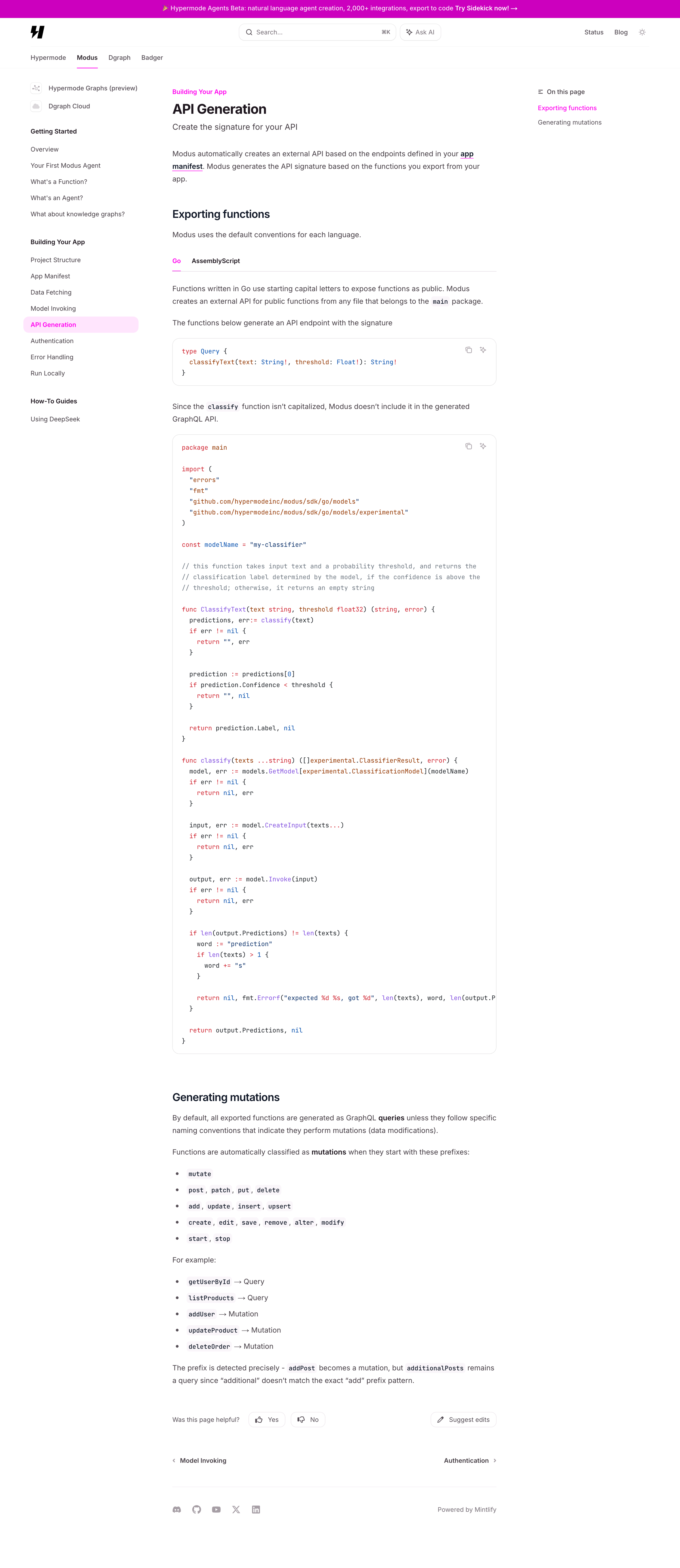 Hypermode - API Generation - Modus screen