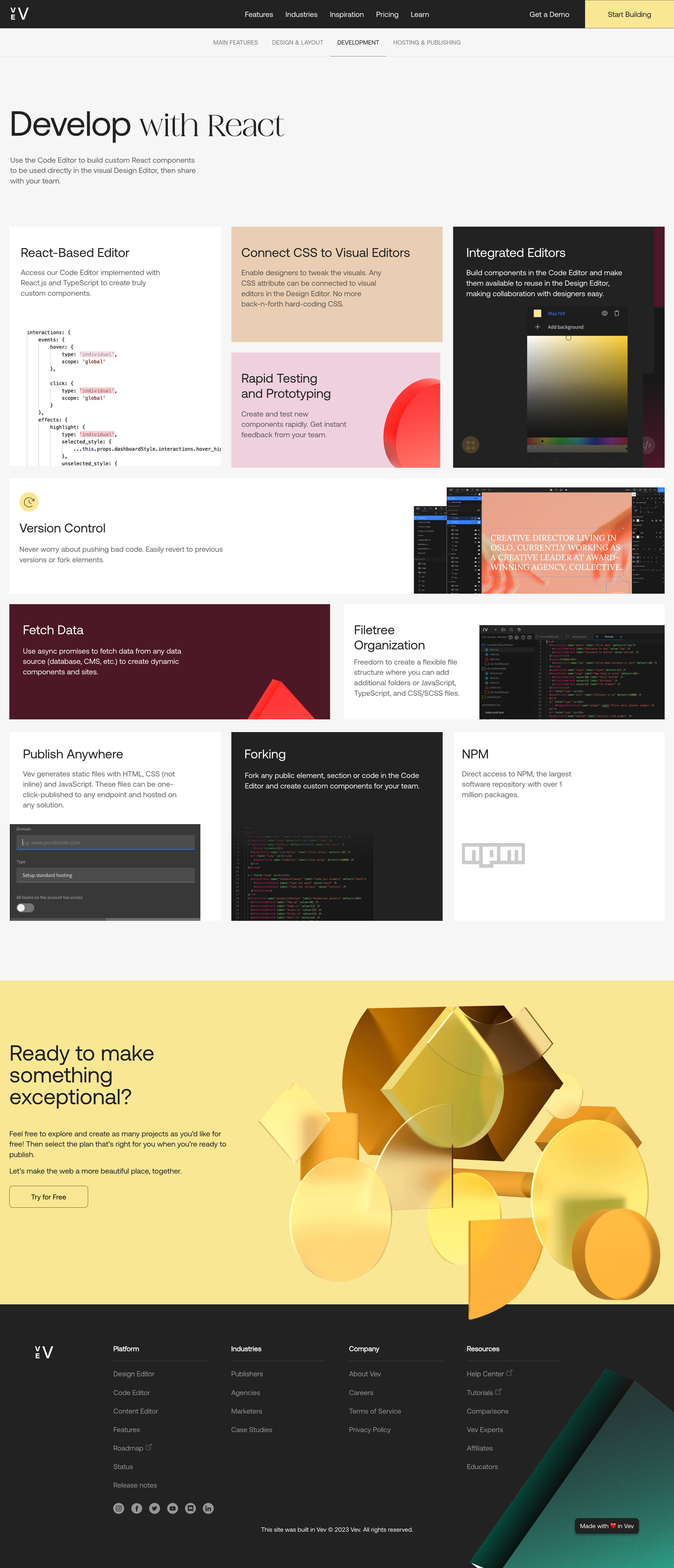 Vev - Features Development screen