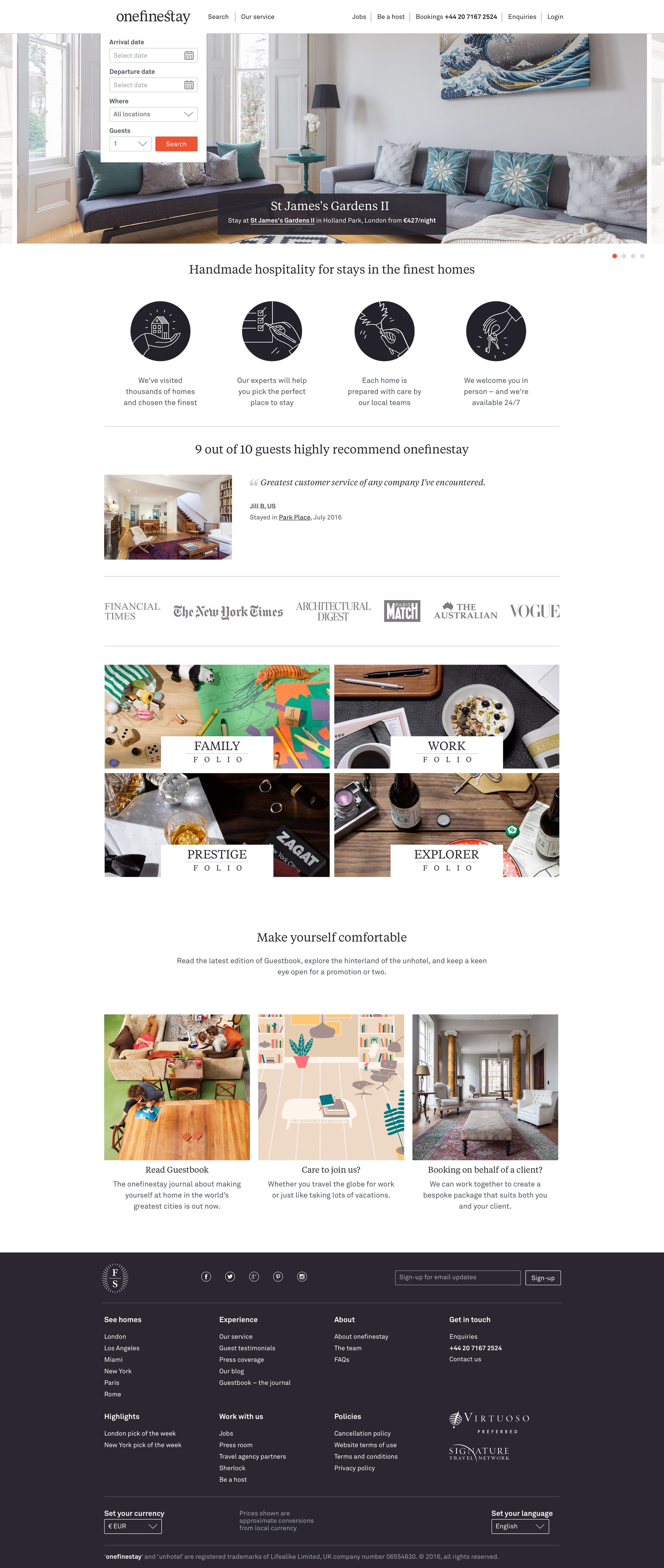 One fine stay - Landing page screen
