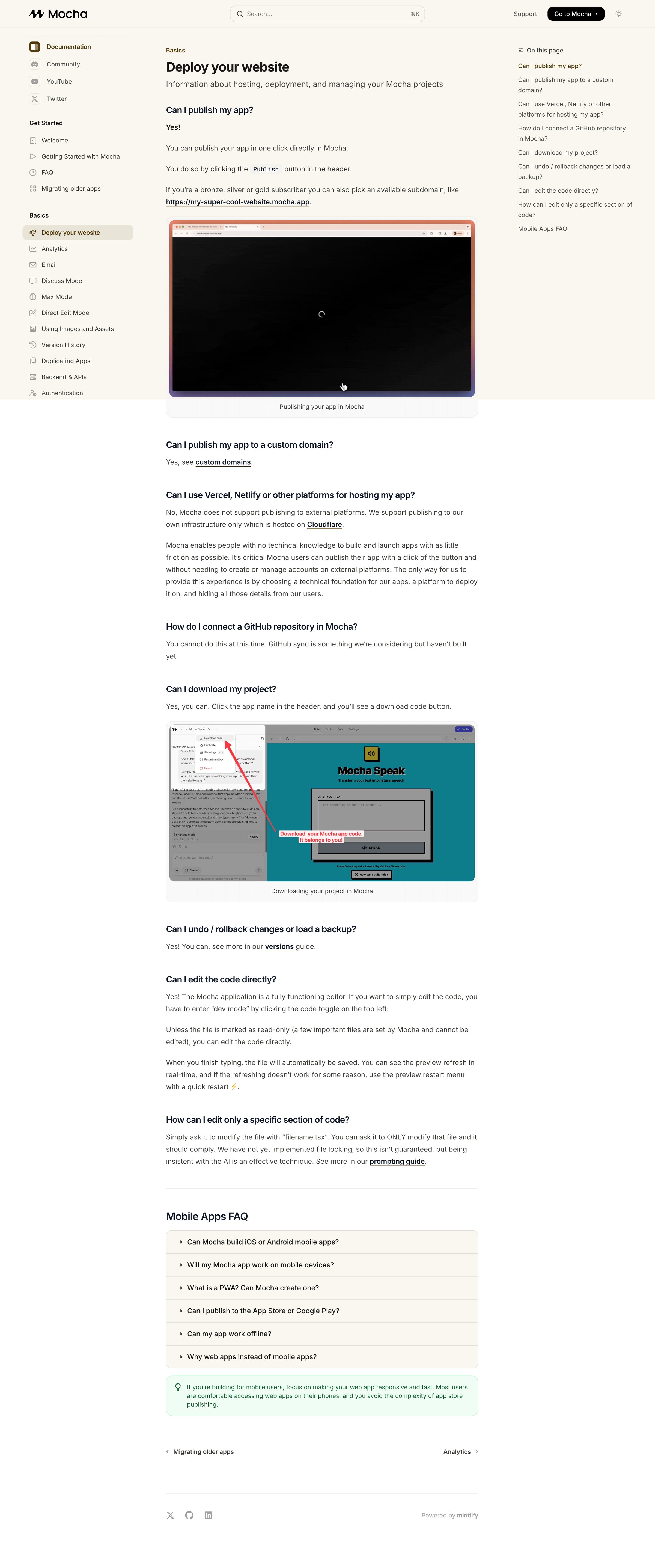 Mocha - Deploy your website - Mocha screen