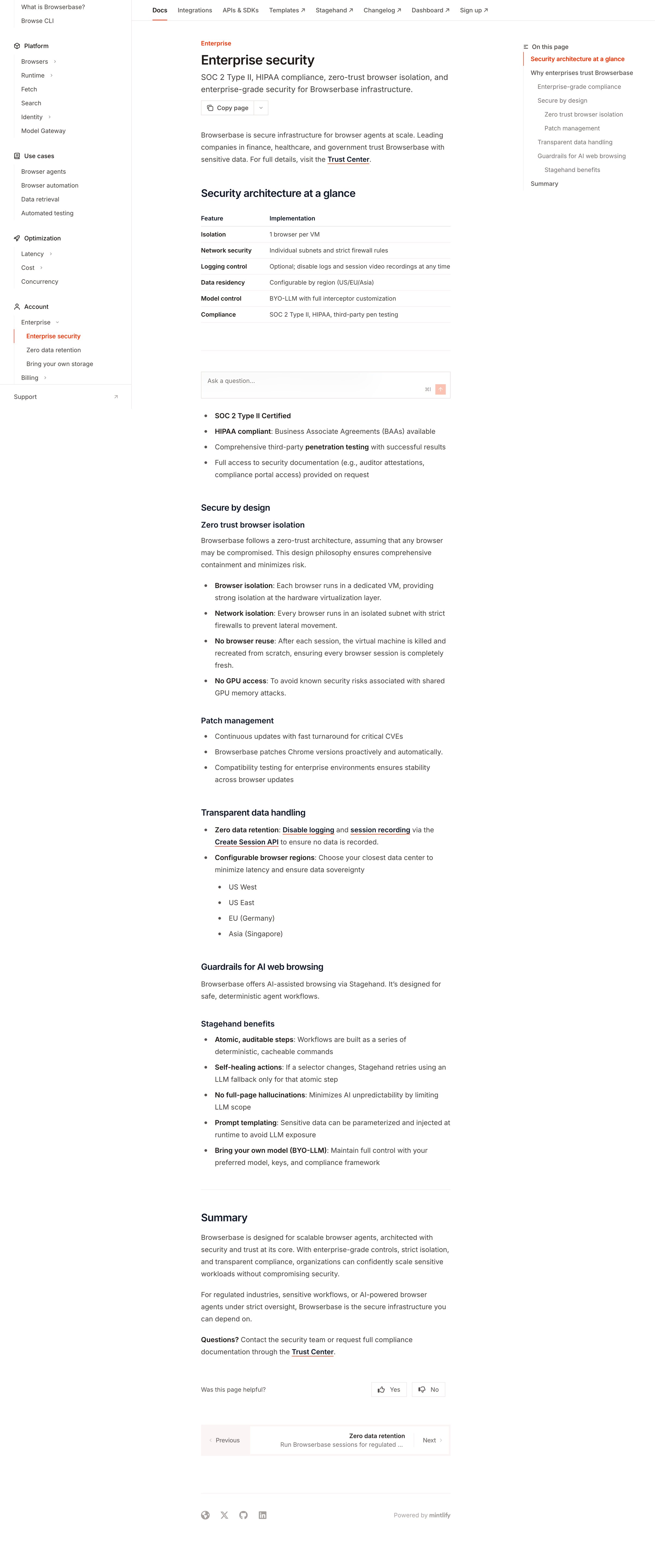 Browserbase - Enterprise security - Browserbase Documentation screen
