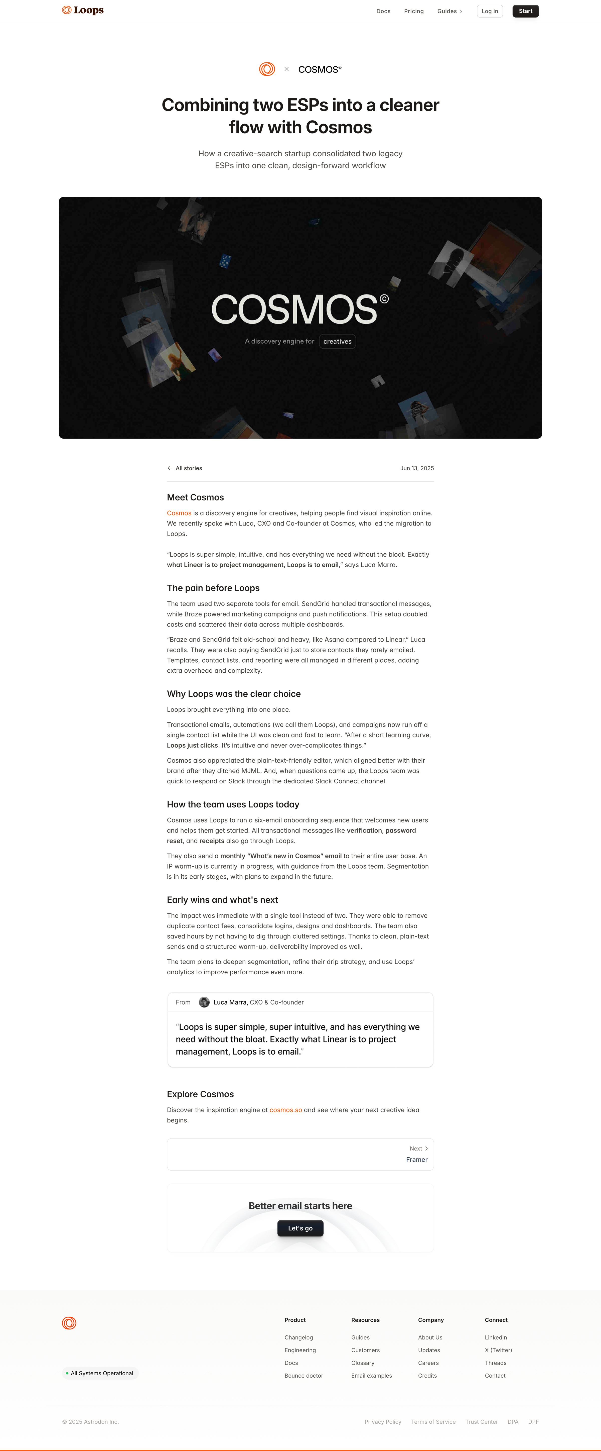 Loops - Combining two ESPs into a cleaner flow with Cosmos - Loops Customer Stories screen