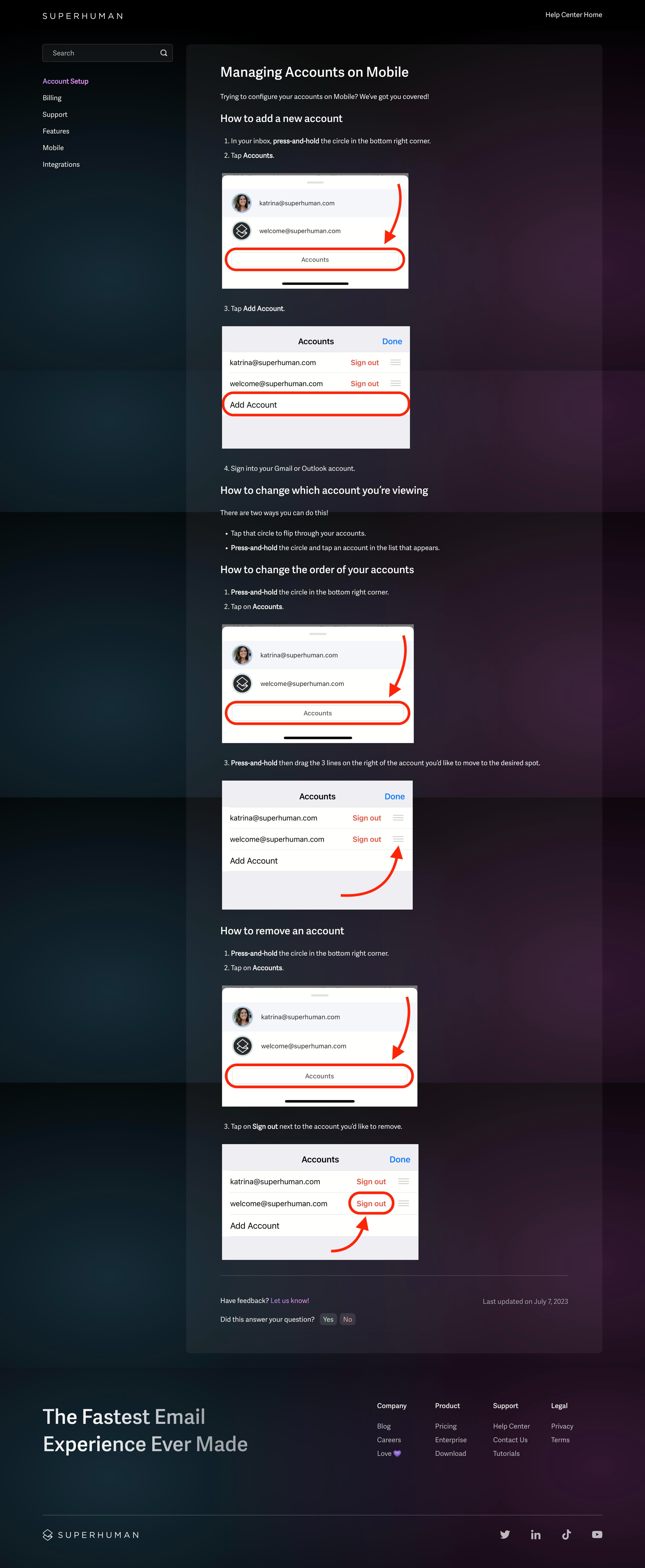 Superhuman - Managing Accounts on Mobile - Superhuman Help Center screen