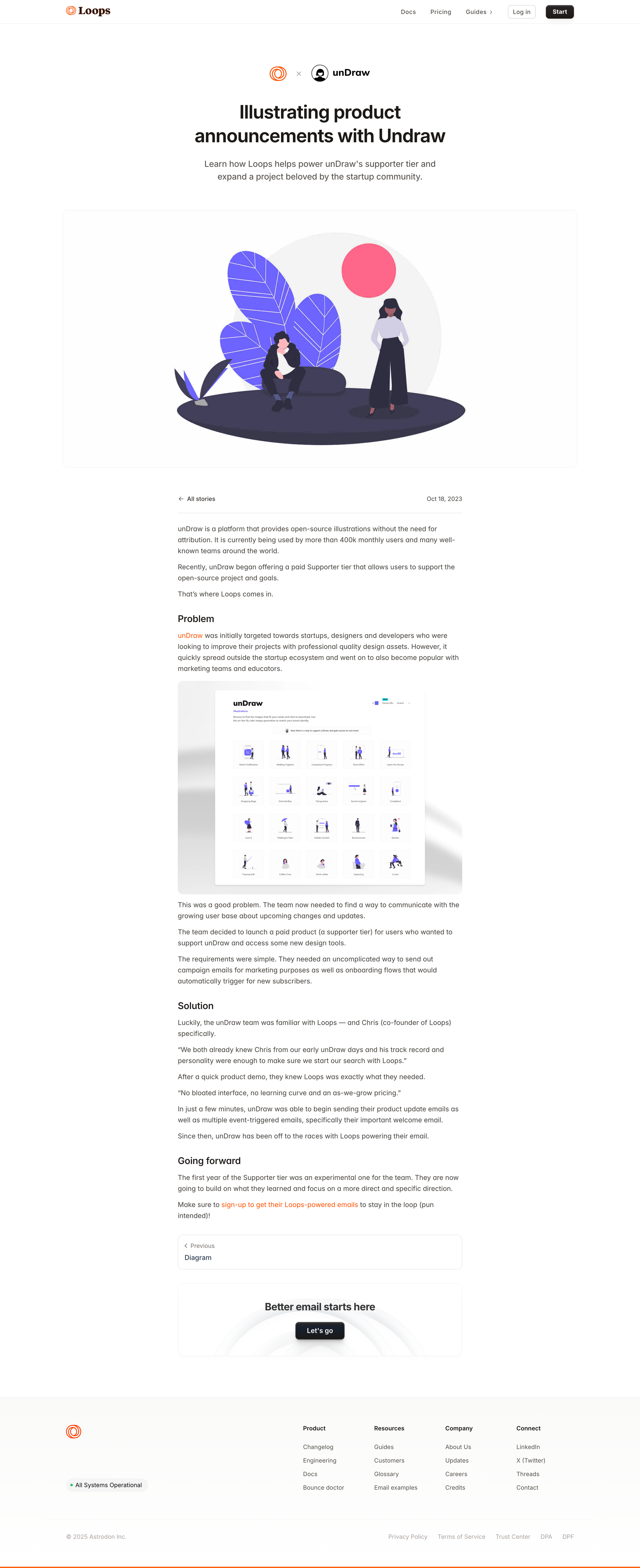 Loops - Illustrating product announcements with Undraw - Loops Customer Stories screen