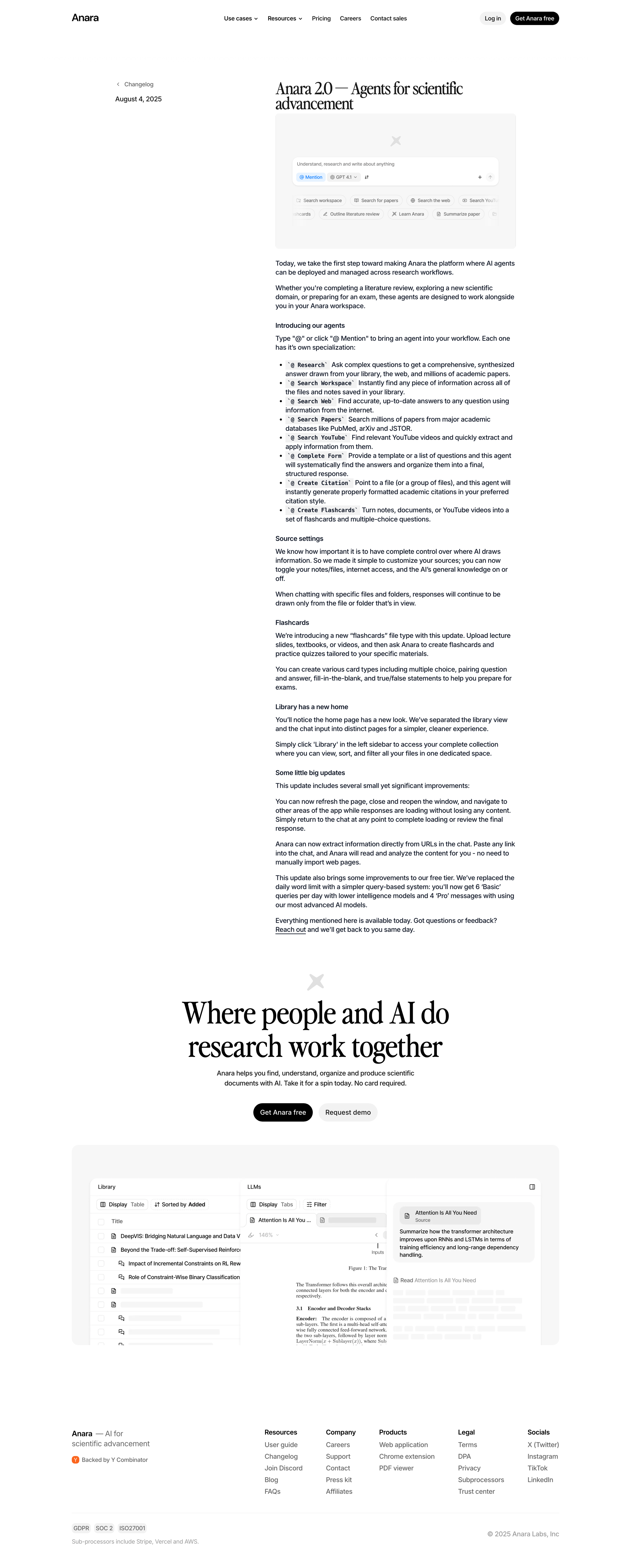 Anara - Anara 2.0 — Agents for scientific advancement Anara Changelog screen