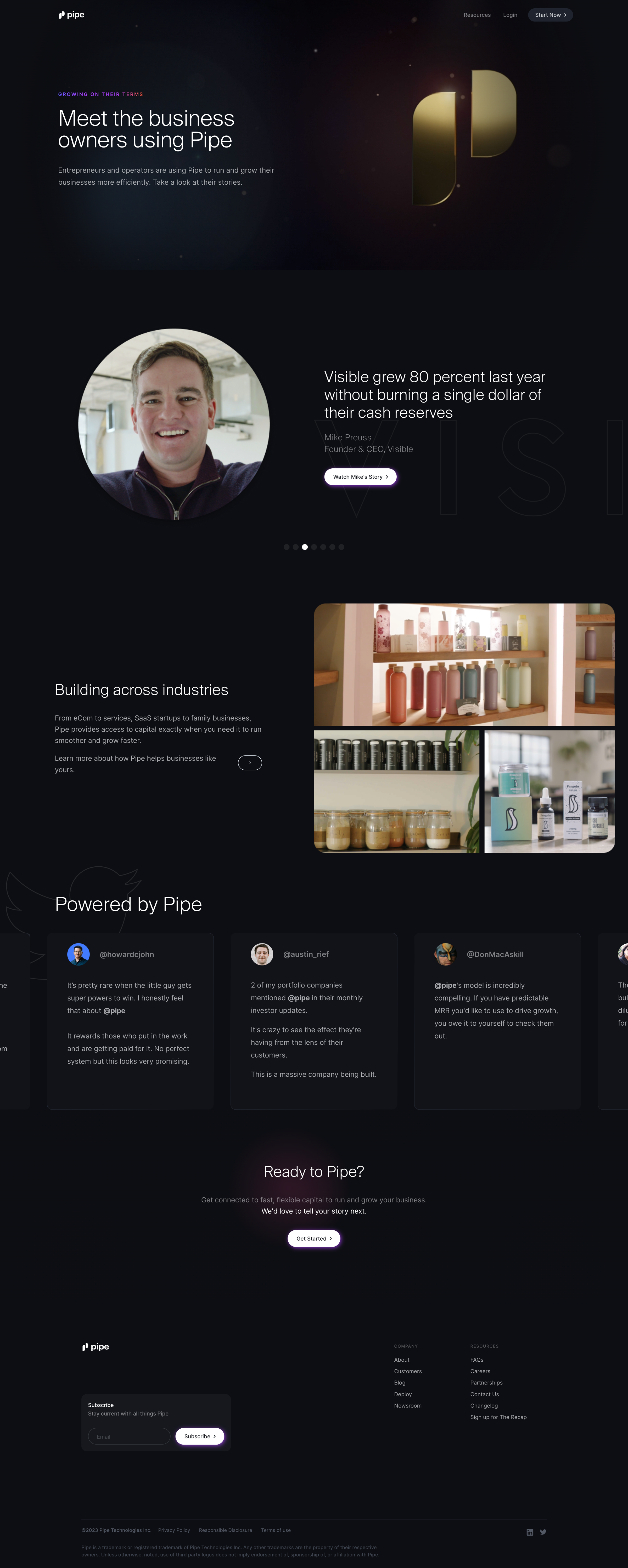 Pipe - Meet the business owners using Pipe to grow on their terms screen