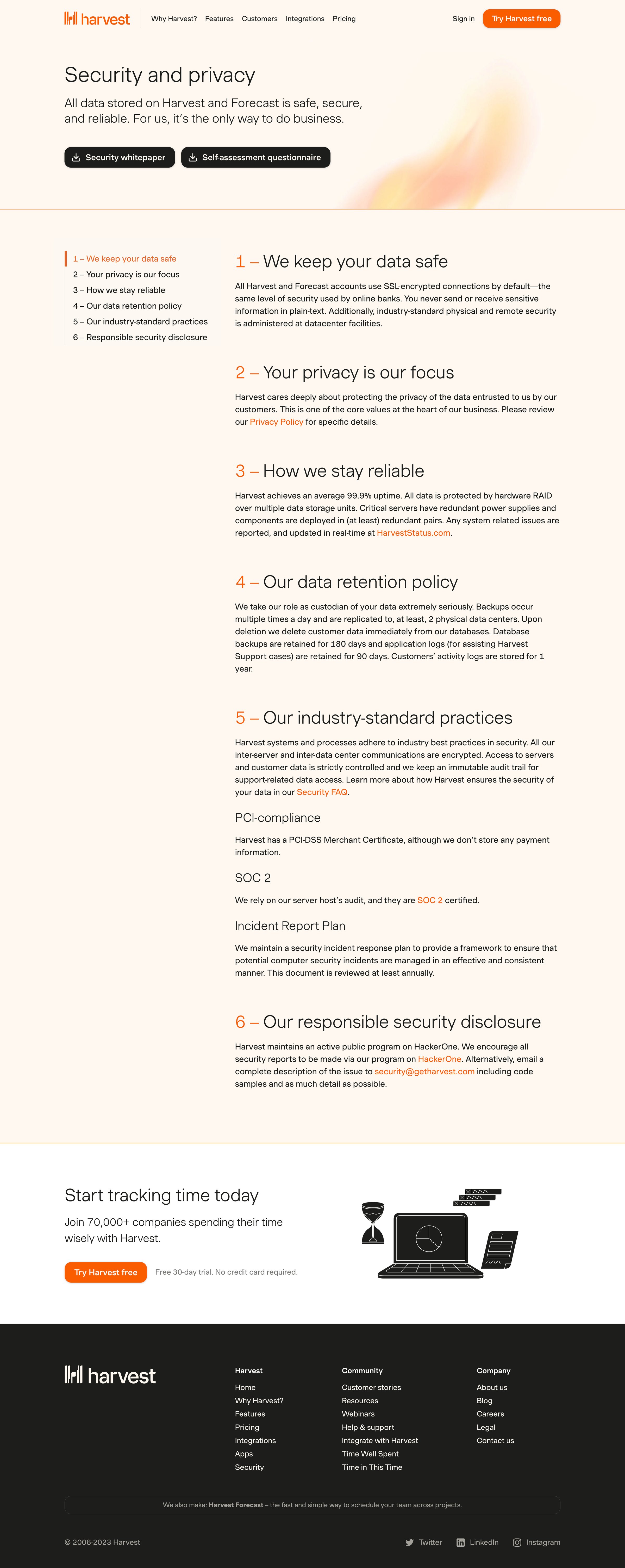 Harvest - Security and Privacy - Harvest screen