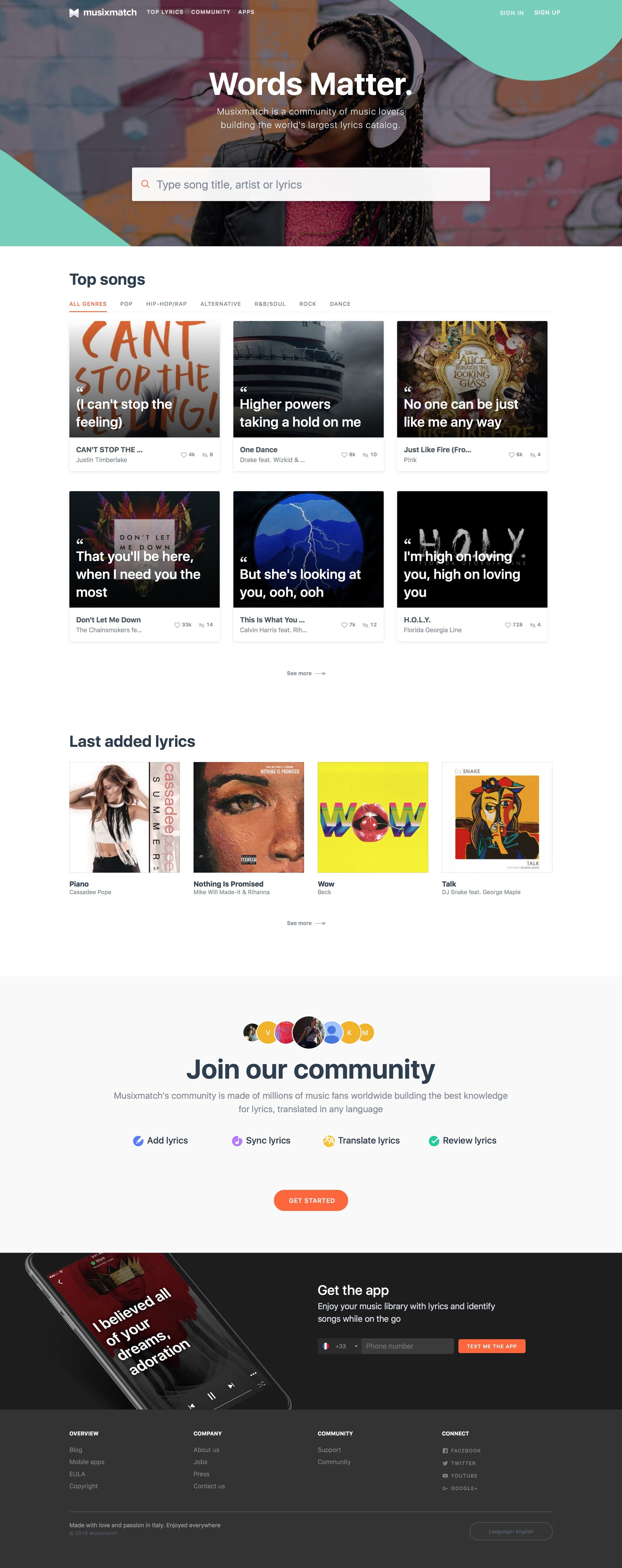 Musixmatch - Landing page screen