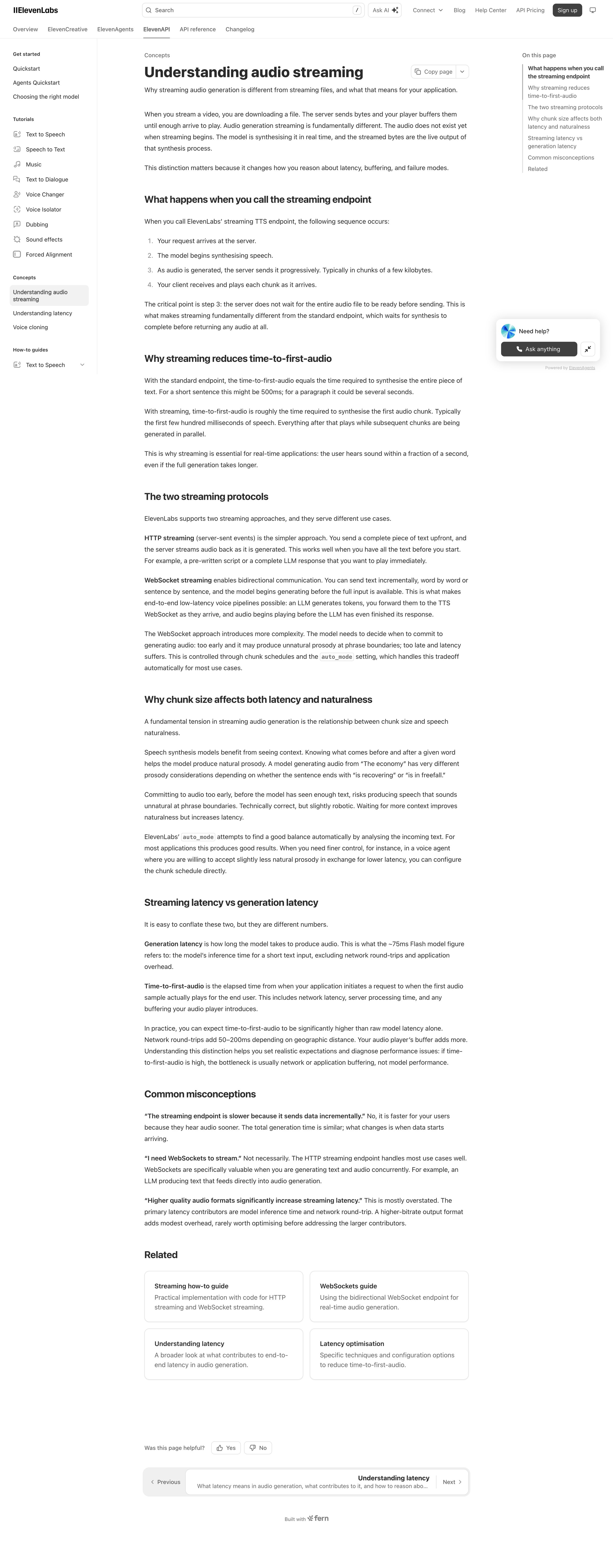Elevenlabs - Understanding audio streaming ElevenLabs Documentation screen
