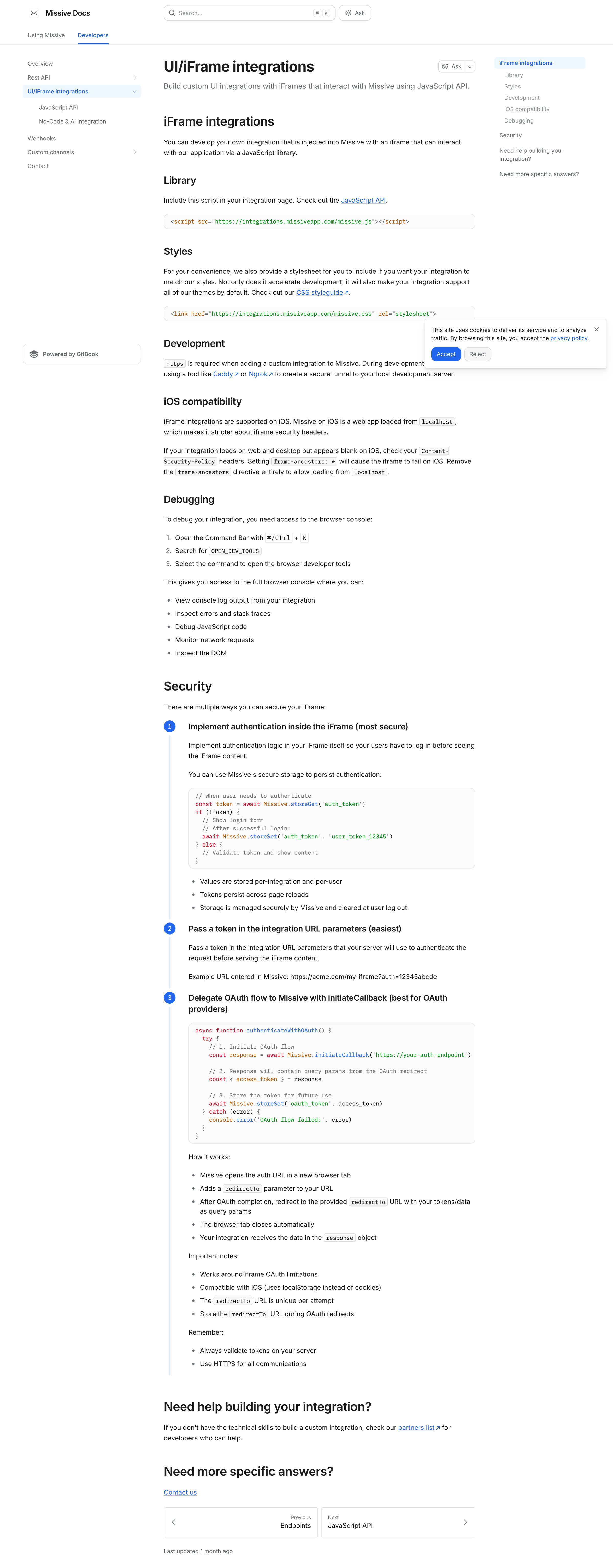 Missive - UIiFrame integrations Developers Missive Docs screen