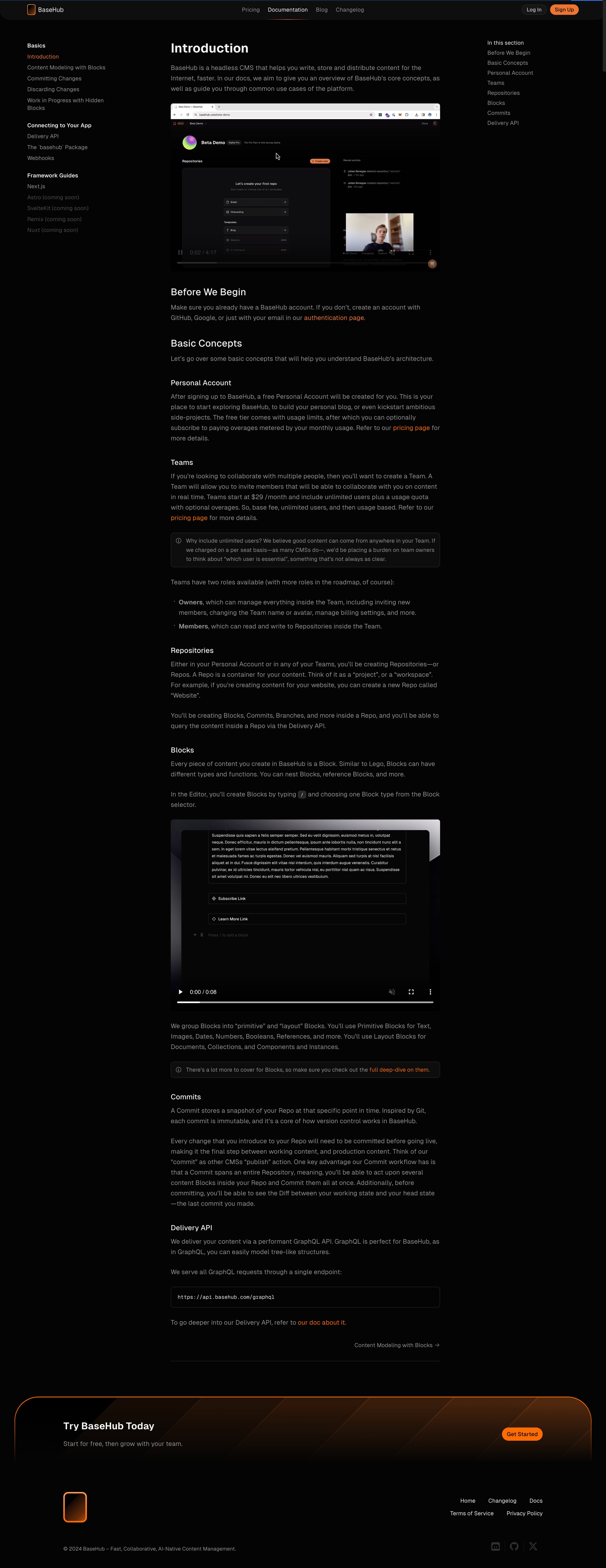 Basehub - Basics | Introduction — BaseHub Docs screen