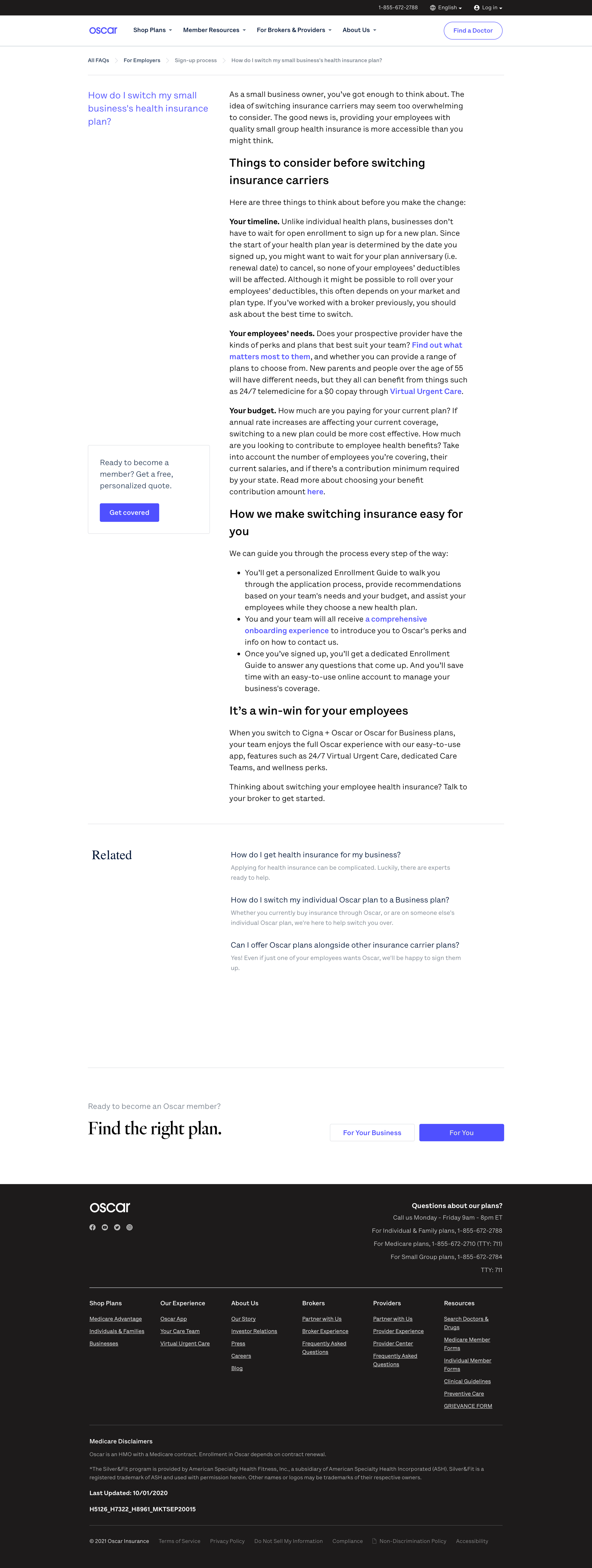 Oscar - How do I switch my small business's health insurance plan? | Oscar FAQ screen