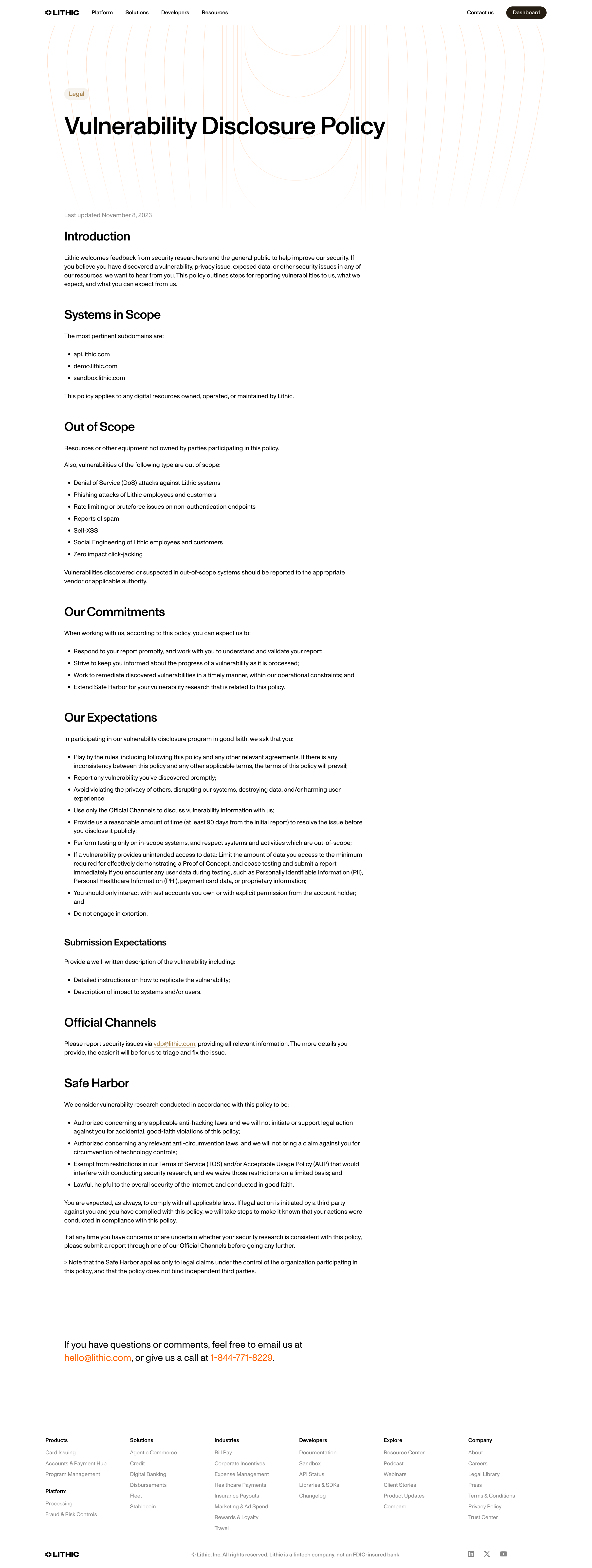 Lithic - Vulnerability Disclosure Policy | Lithic screen