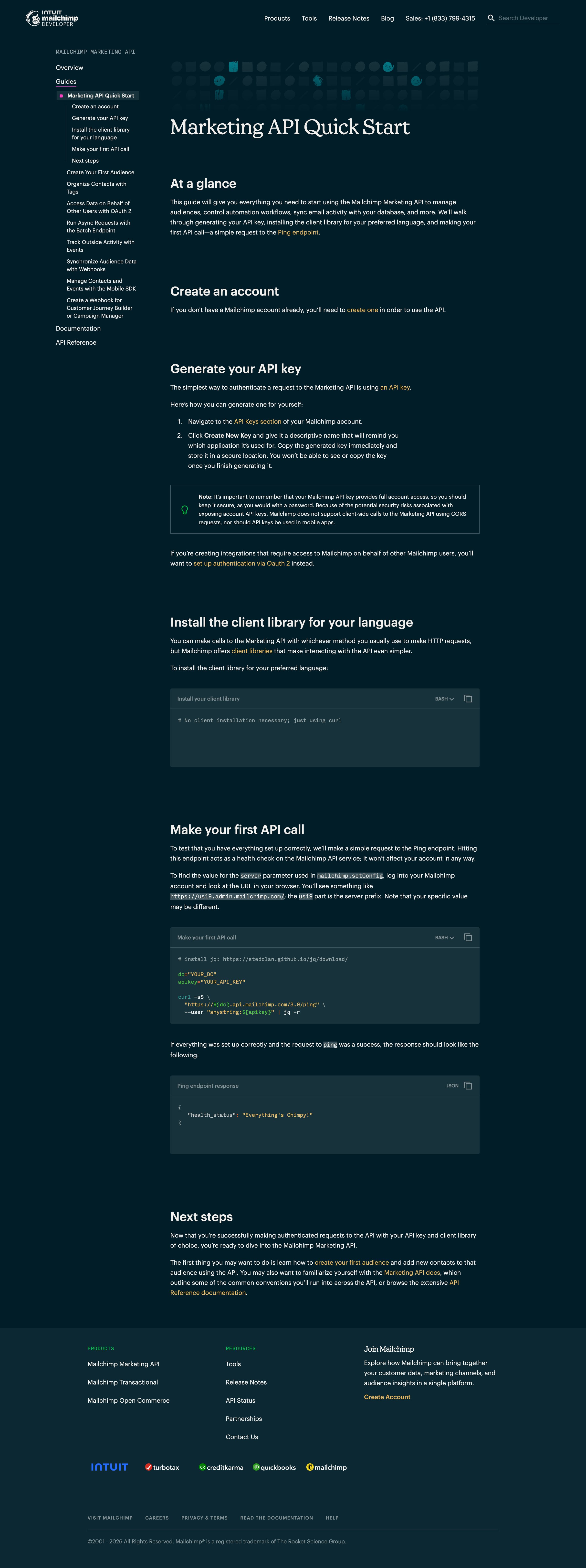 Mailchimp - Marketing API Quick Start Guide Mailchimp Developer screen