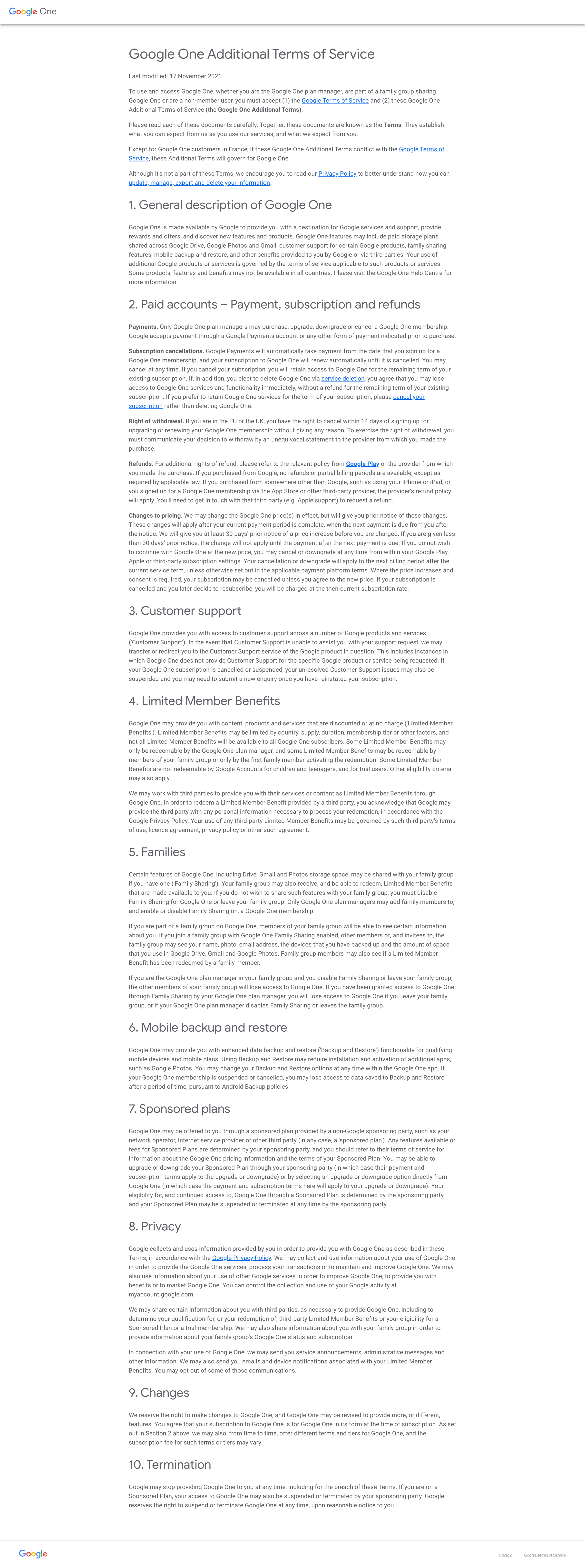Google One - Google One – Terms of Service screen