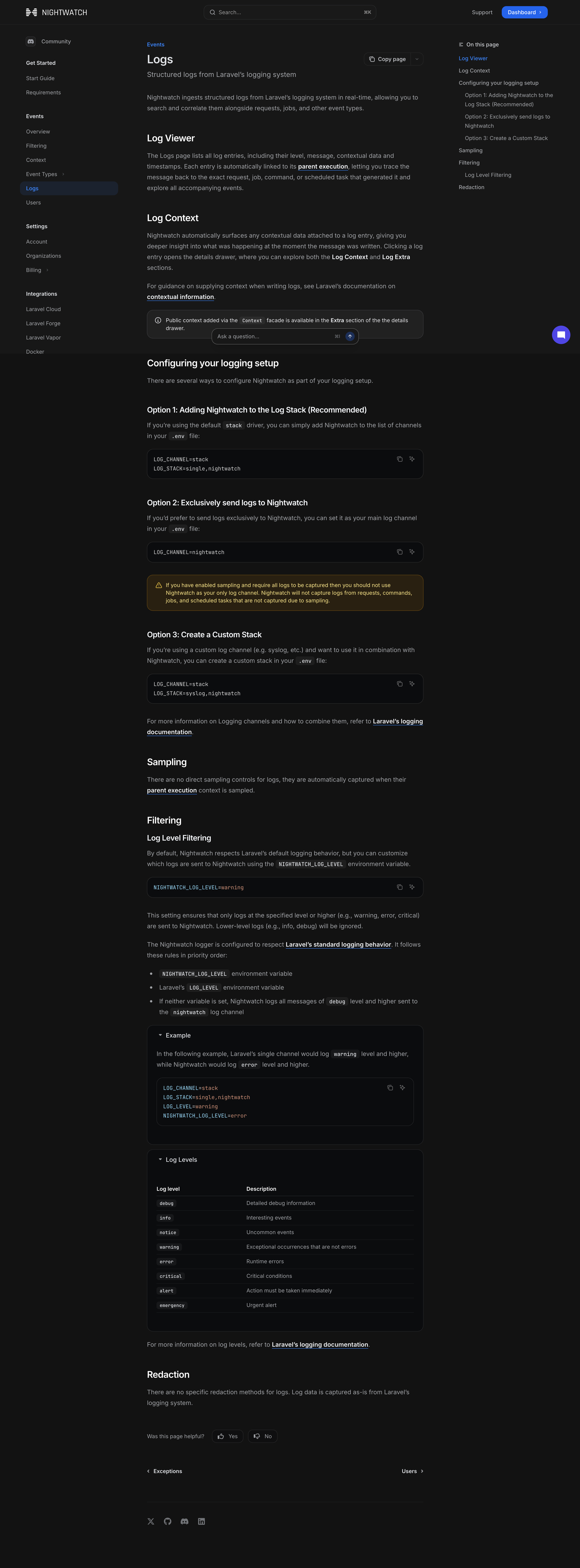 Nightwatch - Logs - Laravel Nightwatch screen