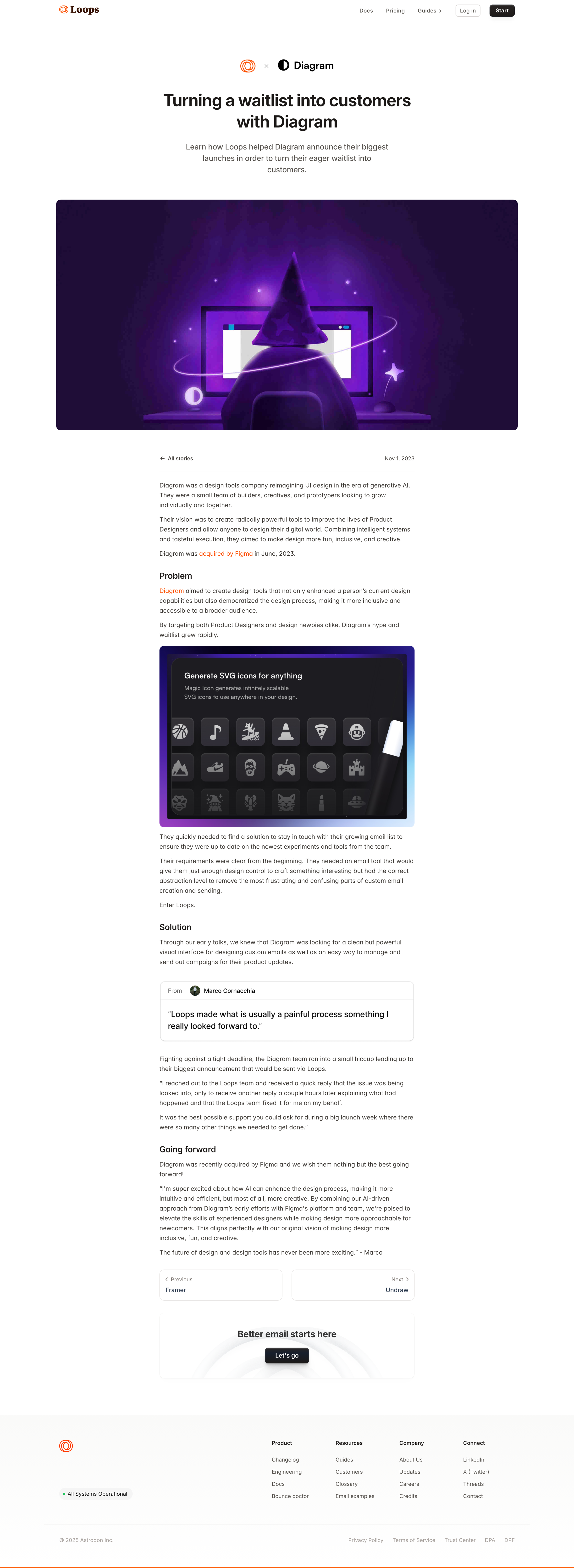 Loops - Turning a waitlist into customers with Diagram - Loops Customer Stories screen