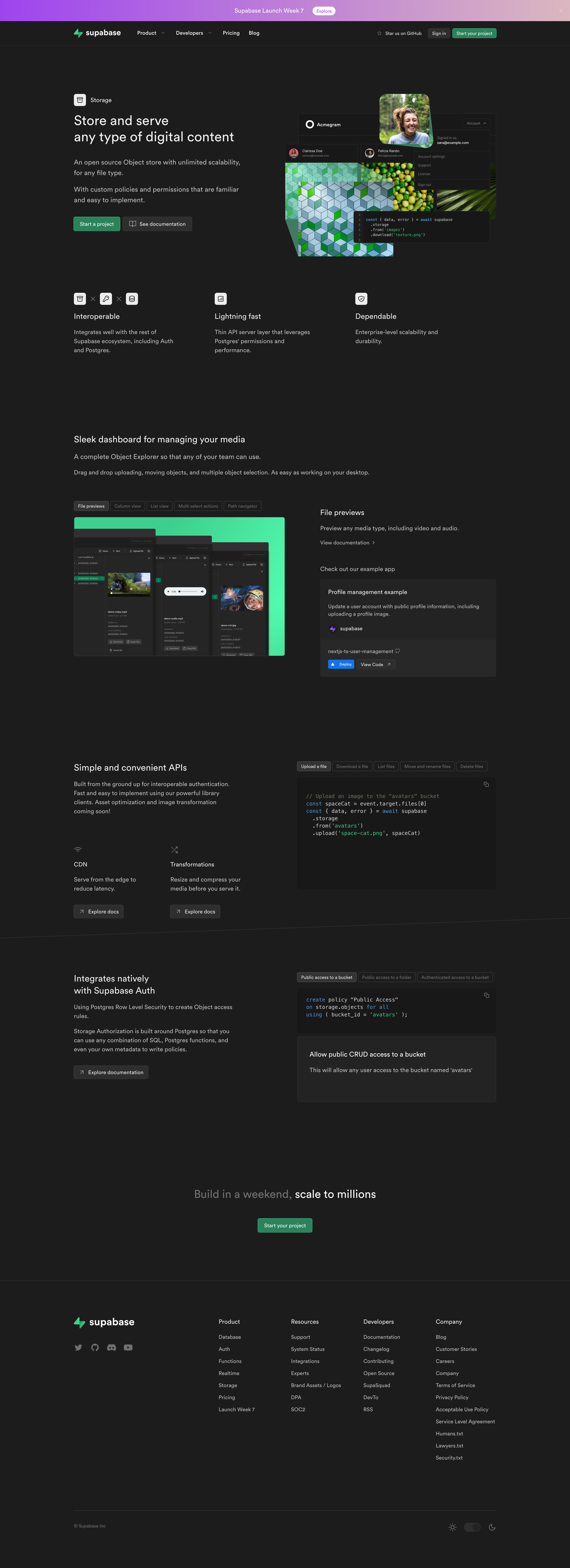 Supabase - Storage | Store any digital content screen