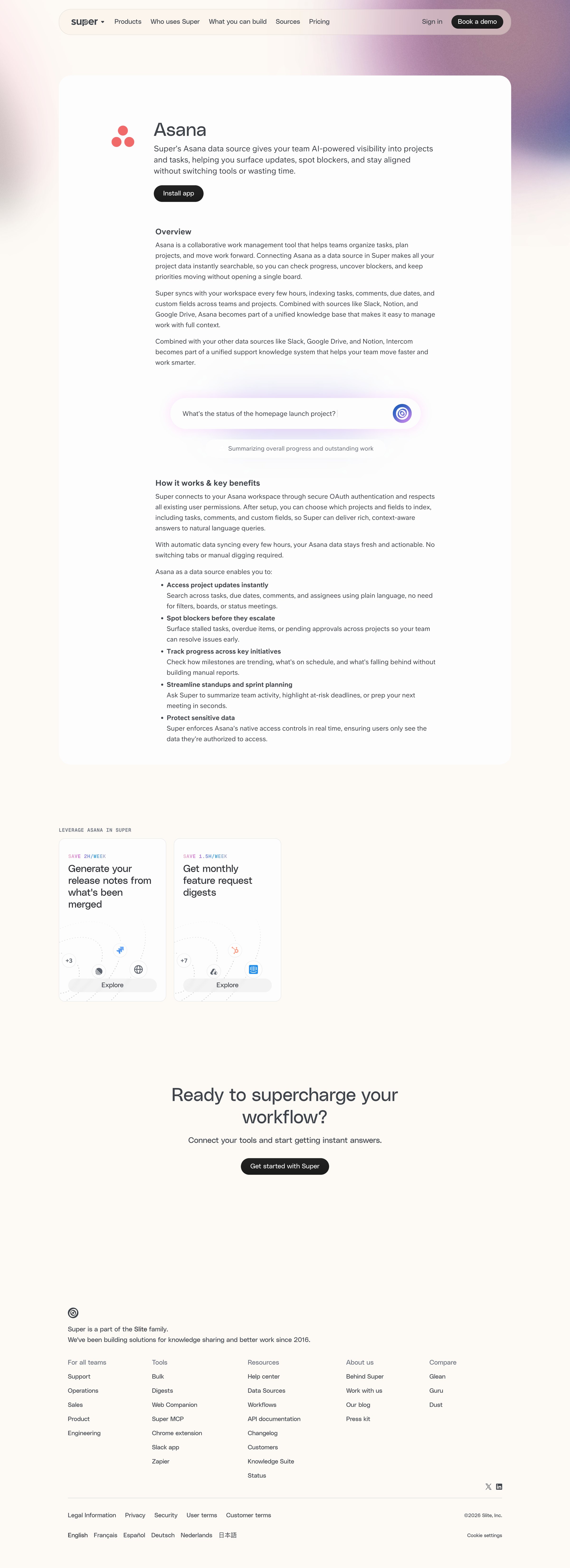 Super - Asana data source for Super Smarter Project Tracking, Instantly screen