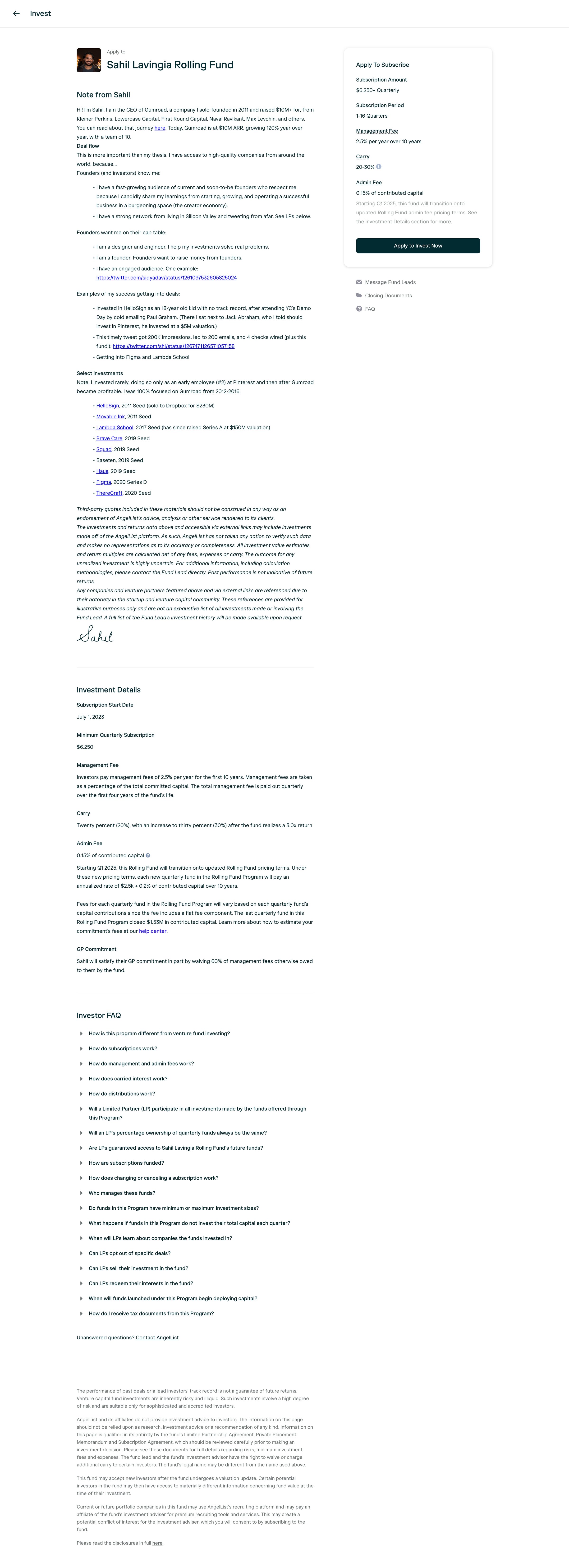 Angellist - Sahil Lavingia Rolling Fund | AngelList screen