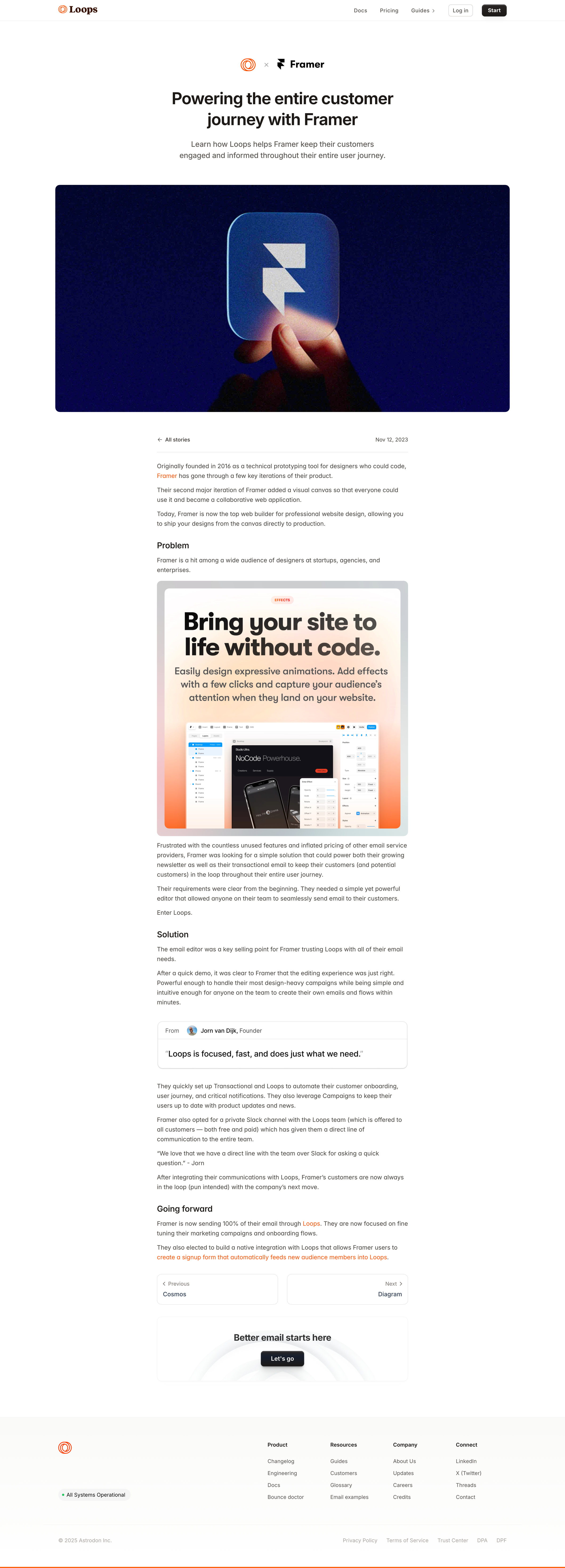 Loops - Powering the entire customer journey with Framer - Loops Customer Stories screen