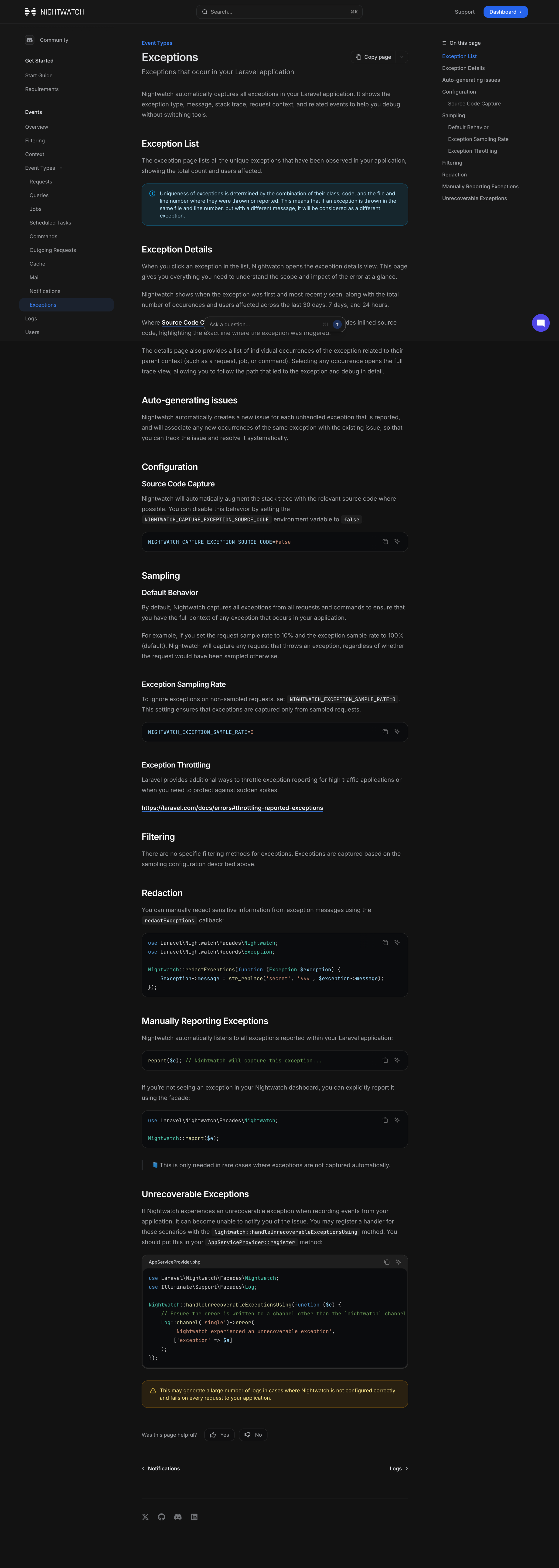 Nightwatch - Exceptions - Laravel Nightwatch screen