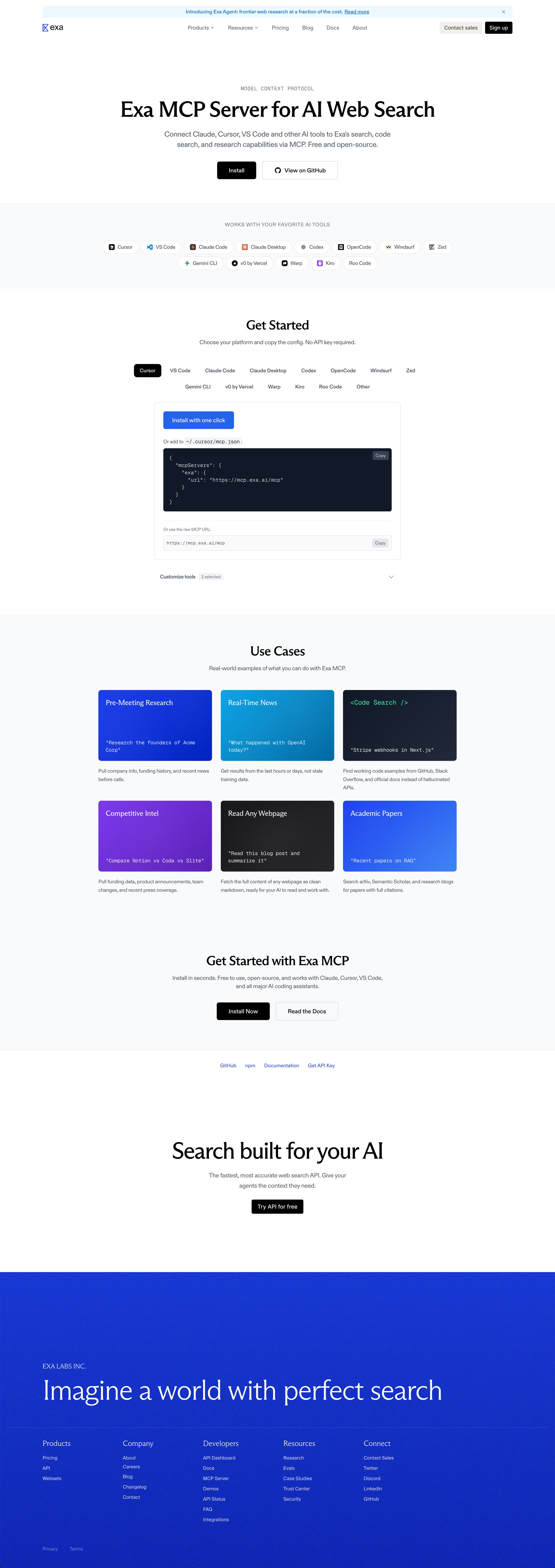 Exa - Exa MCP Server — AI Web Search for Claude, Cursor & VS Code screen