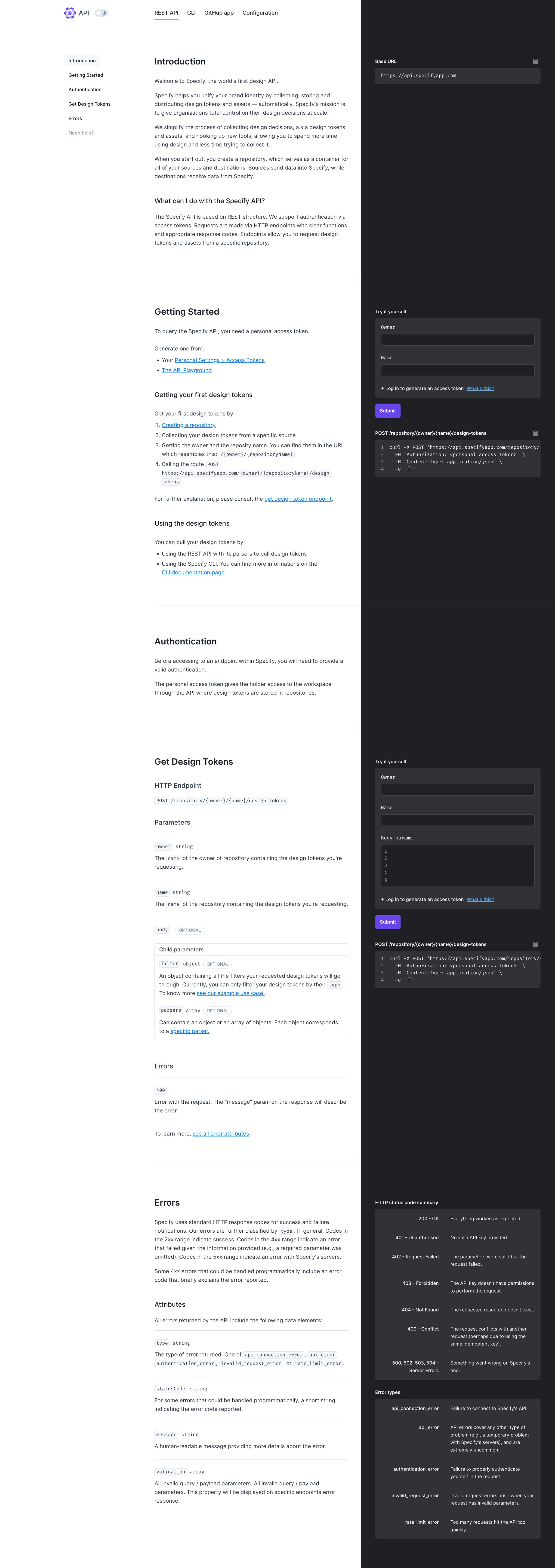 Specify - Specify | API Docs screen