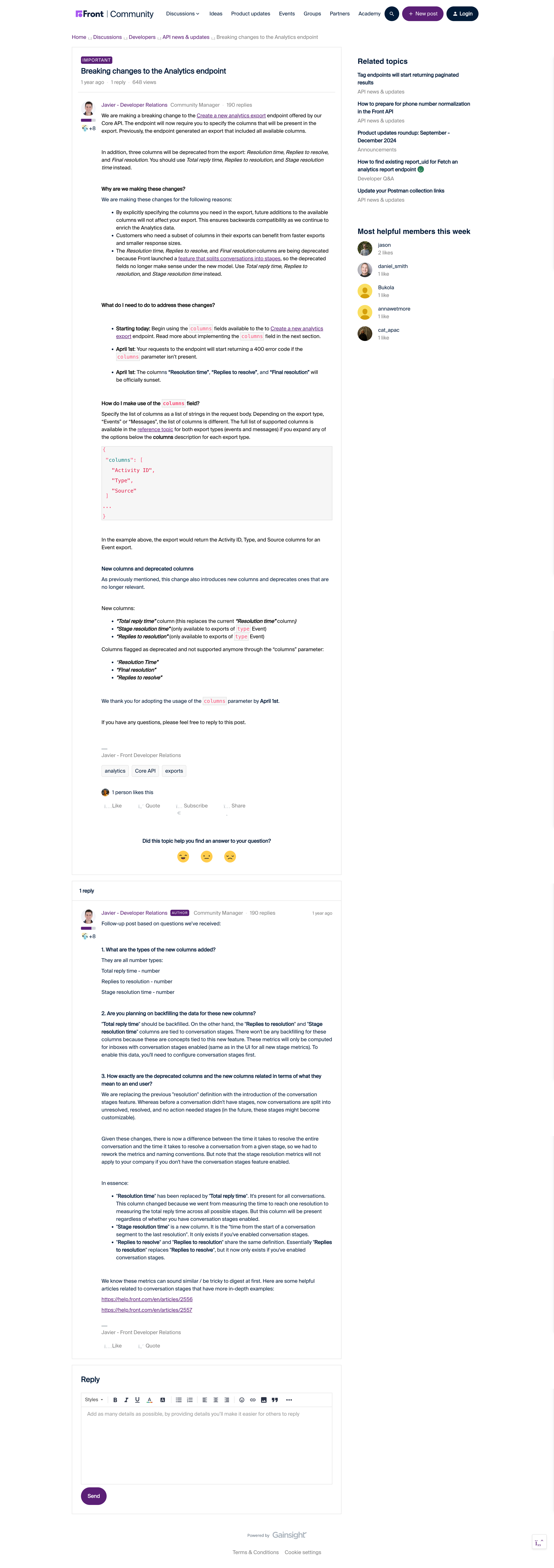 Front - Breaking changes to the Analytics endpoint | Community screen