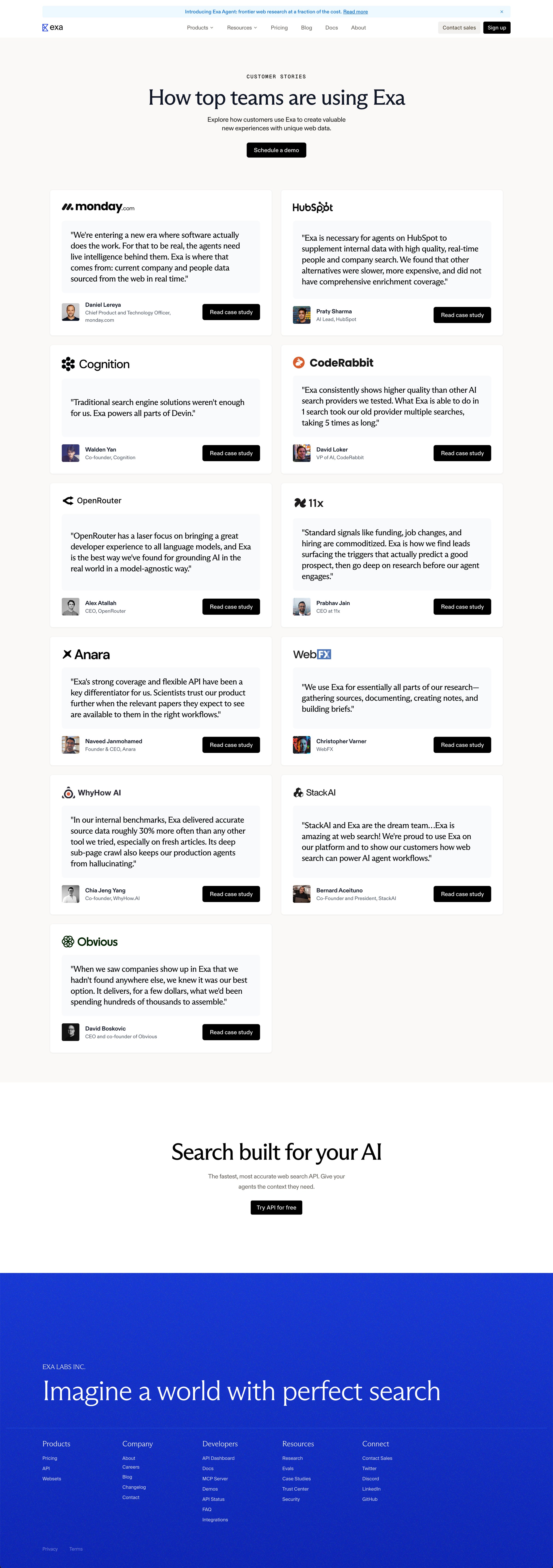 Exa - Customer Stories How top teams amplify their products with web search Exa screen