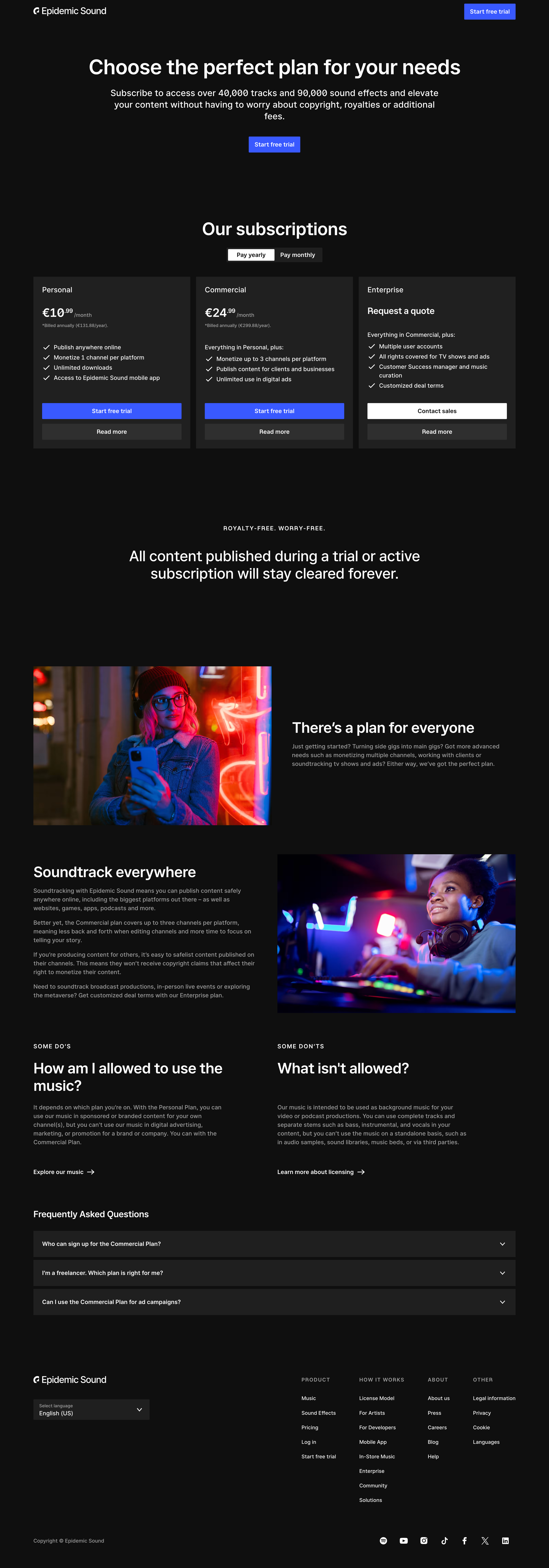 Epidemic Sound - Choose the perfect plan for your needs | Epidemic Sound screen