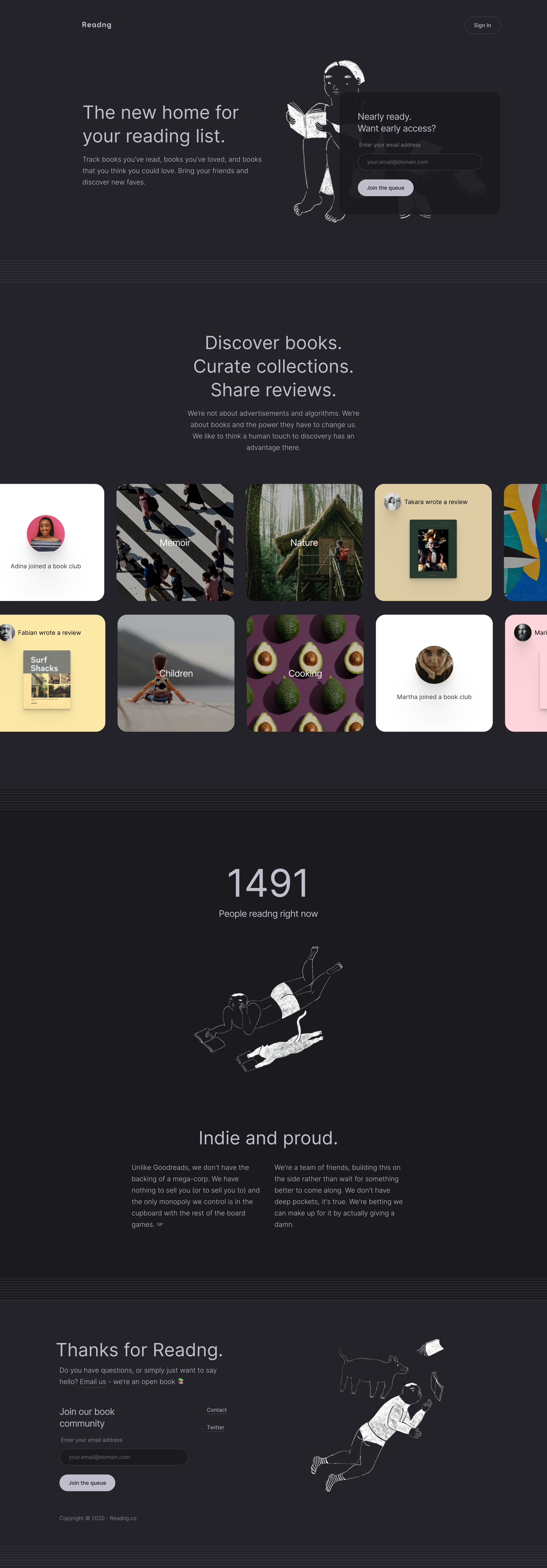 Readng - Landing page screen