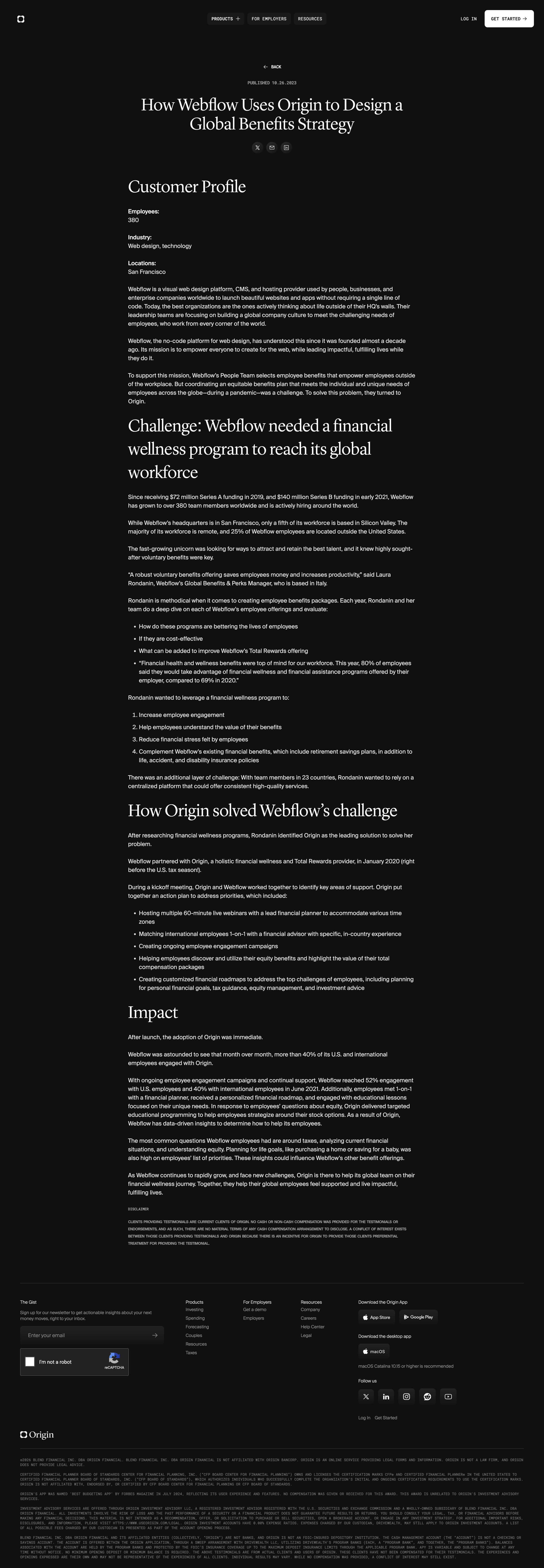Origin Financial - Metadata | Case Study | Webflow screen