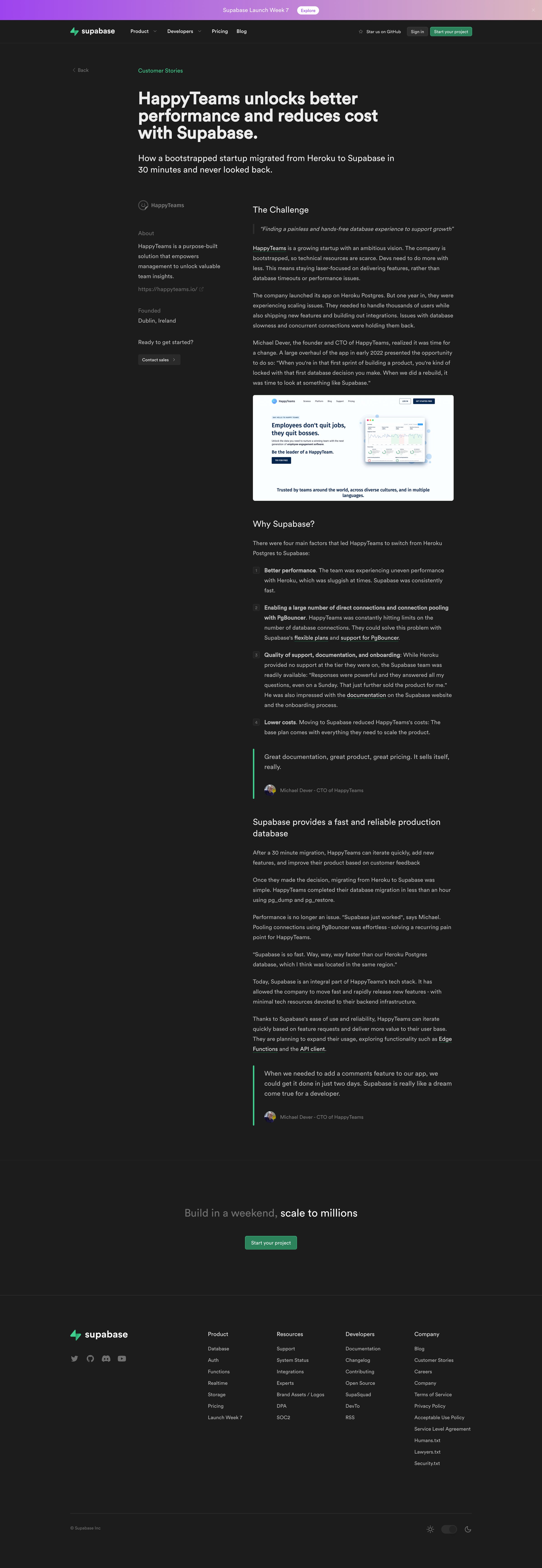 Supabase - HappyTeams | Supabase Customer Stories screen