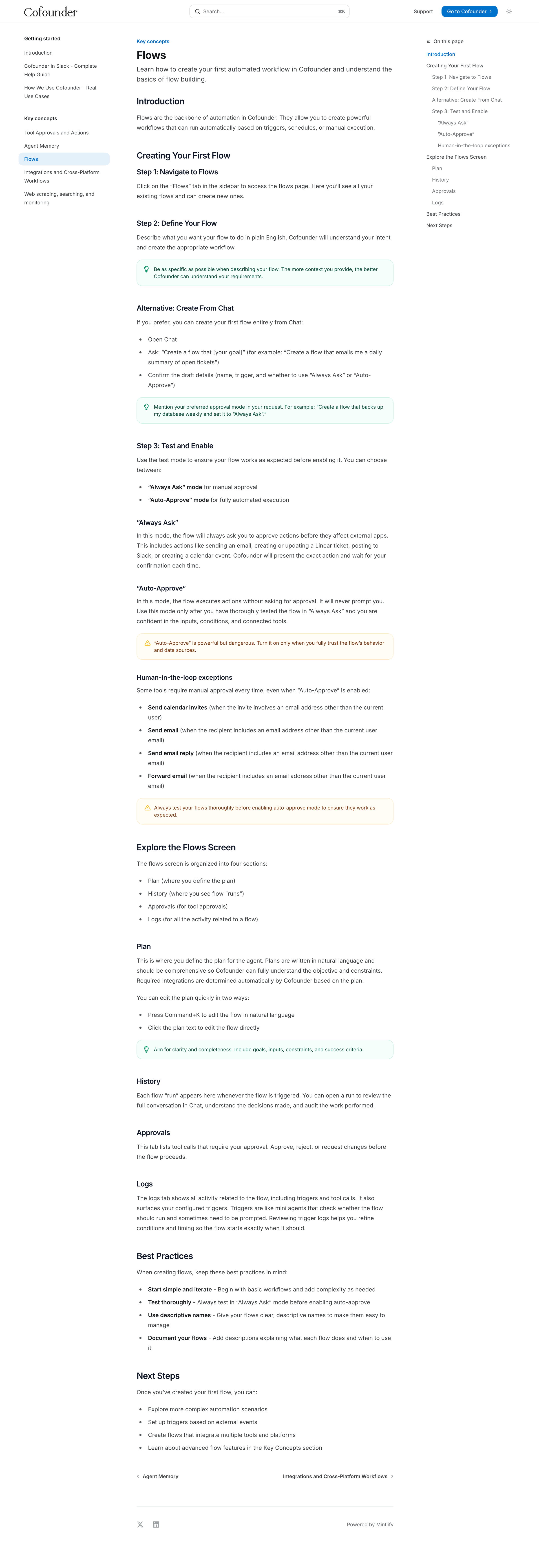 Cofounder - Flows - Documentation screen