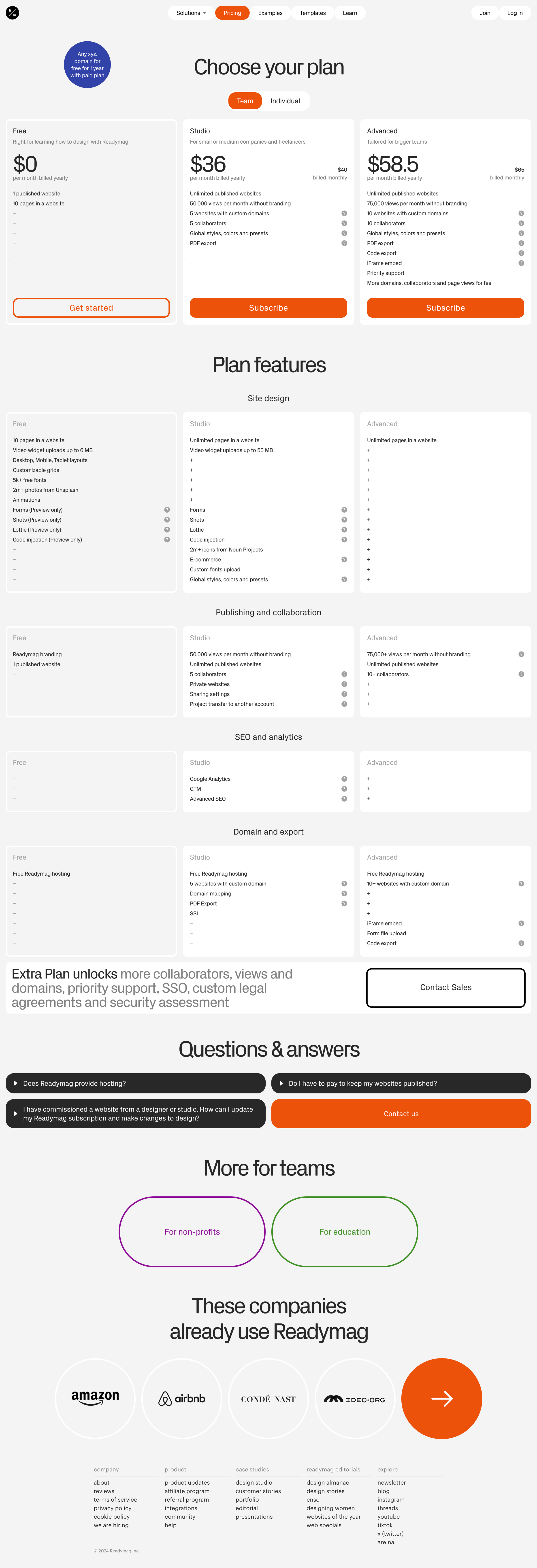 Readymag - Readymag pricing and plans screen