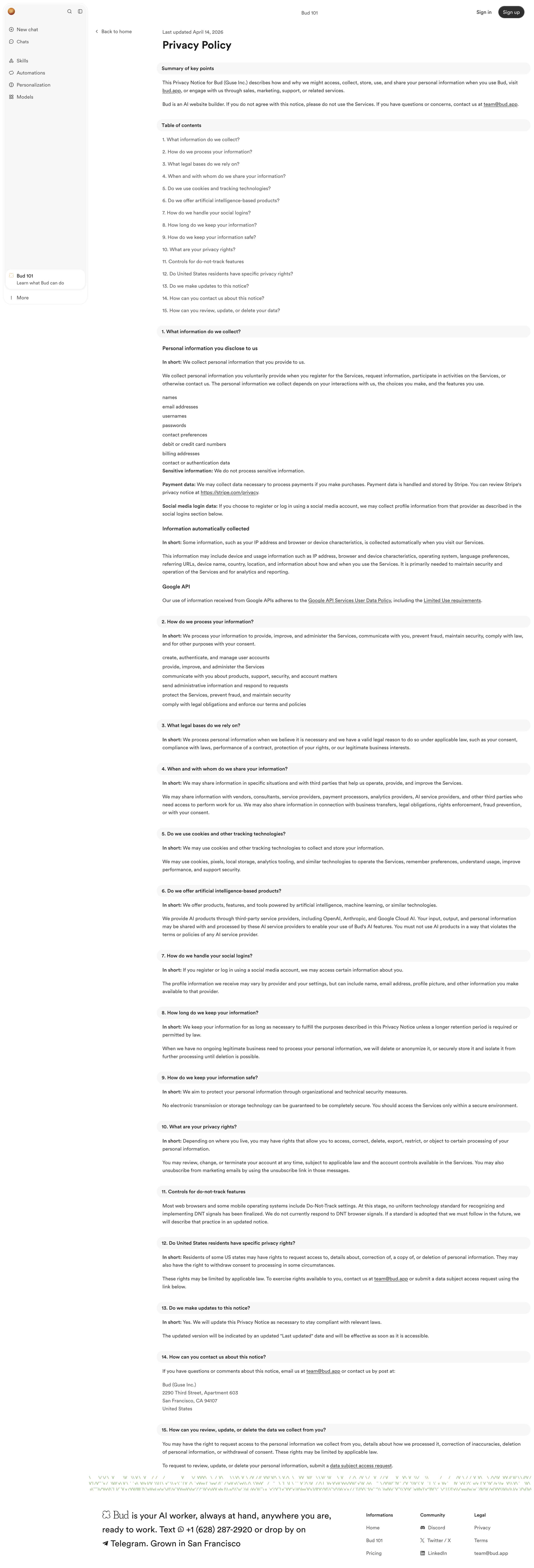 Bud - Privacy Policy - Bud screen