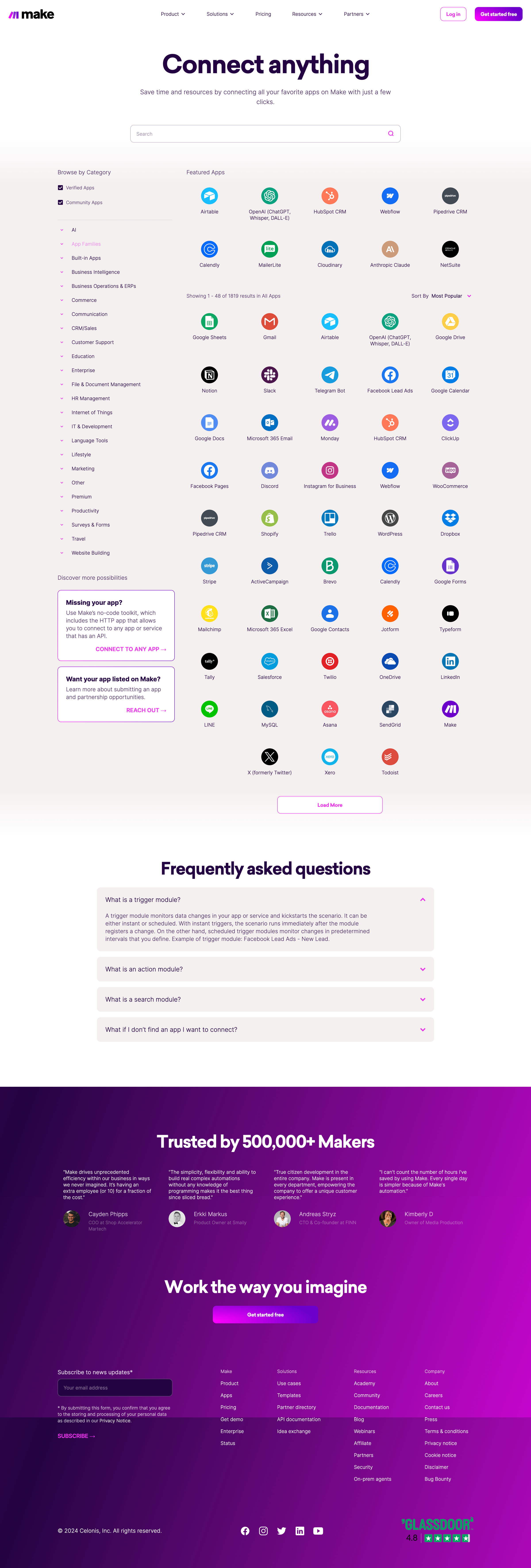 Make - Integrations | Software Integrations 1,800+ Integration Apps Mak screen