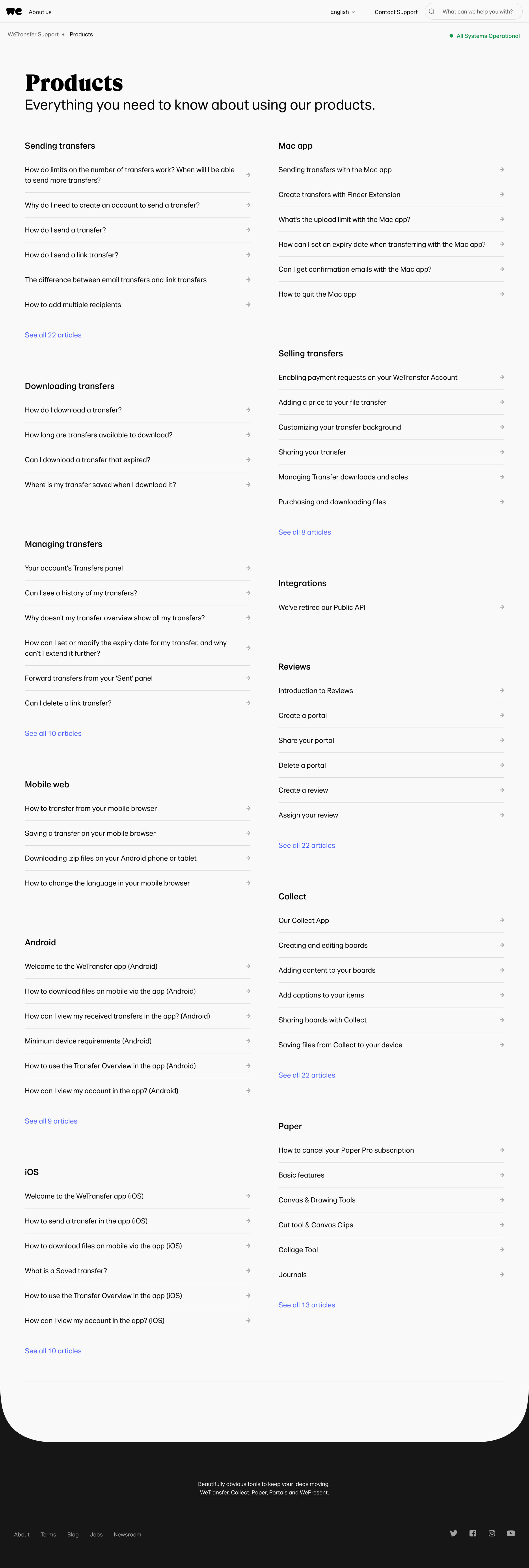 WeTransfer - Products – WeTransfer Support screen