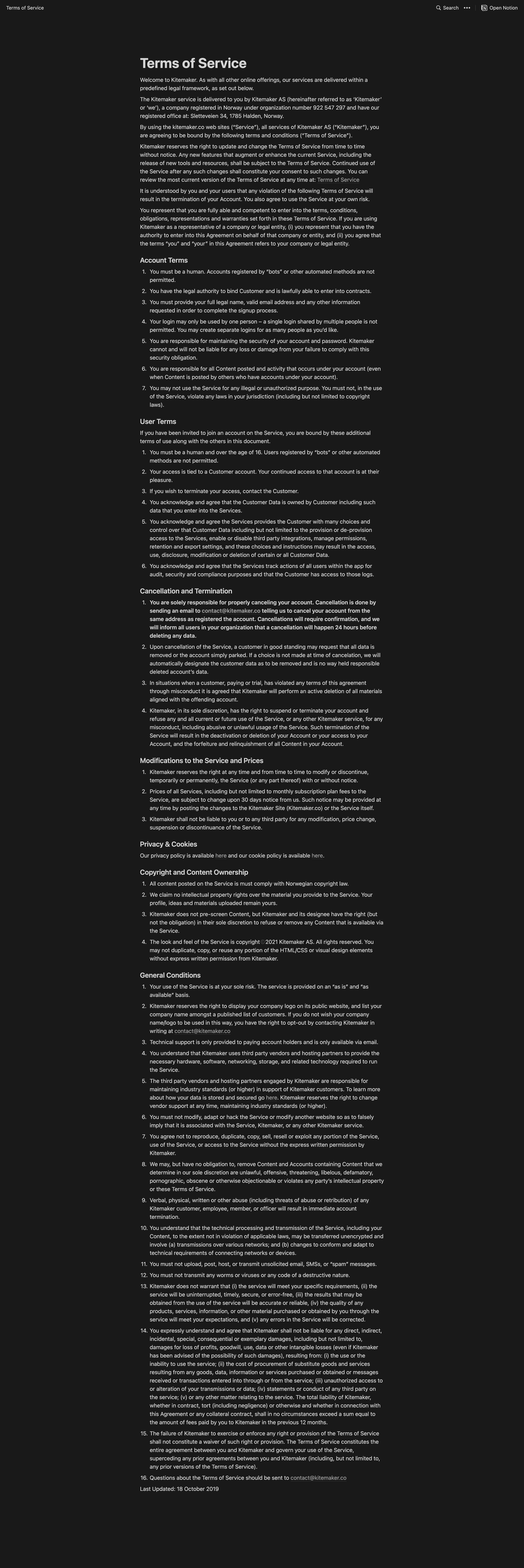 Kitemaker - Terms of Service screen