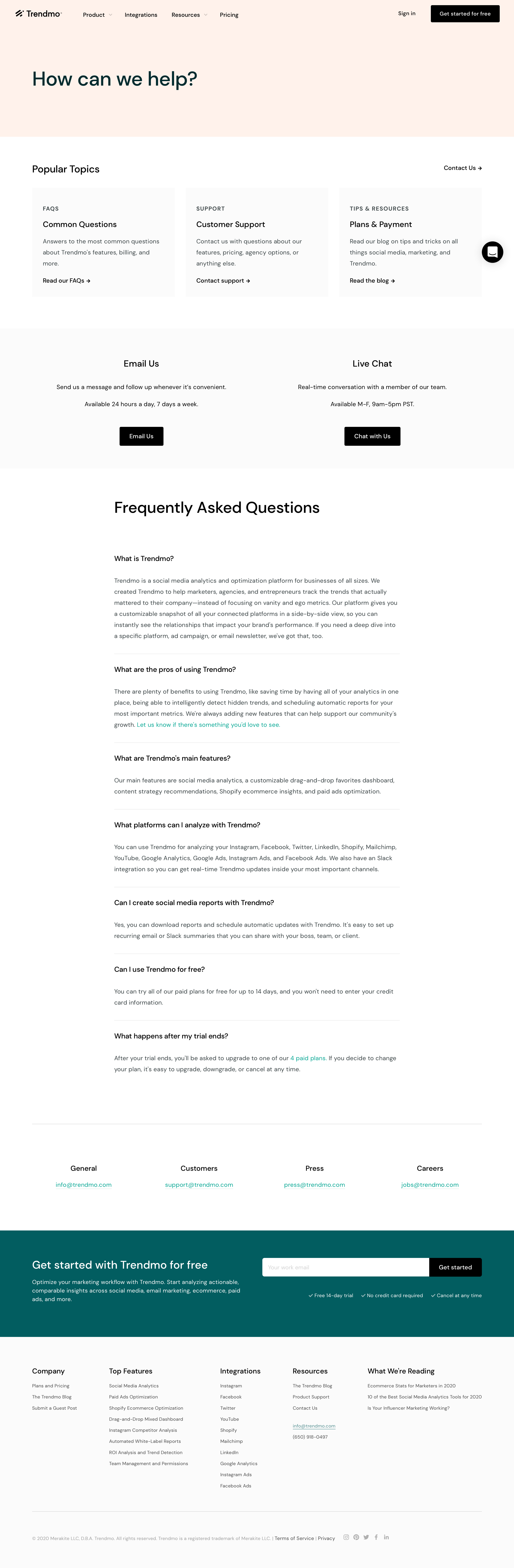 Trendmo - Support / Help center screen