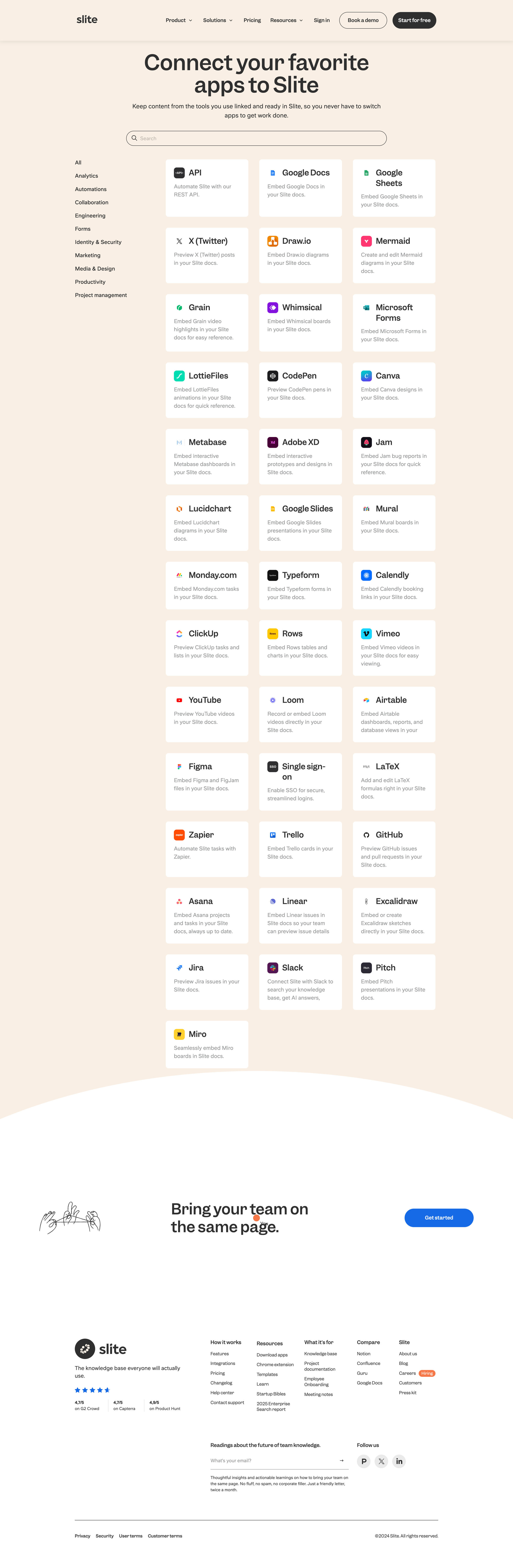 Slite - Integrations screen