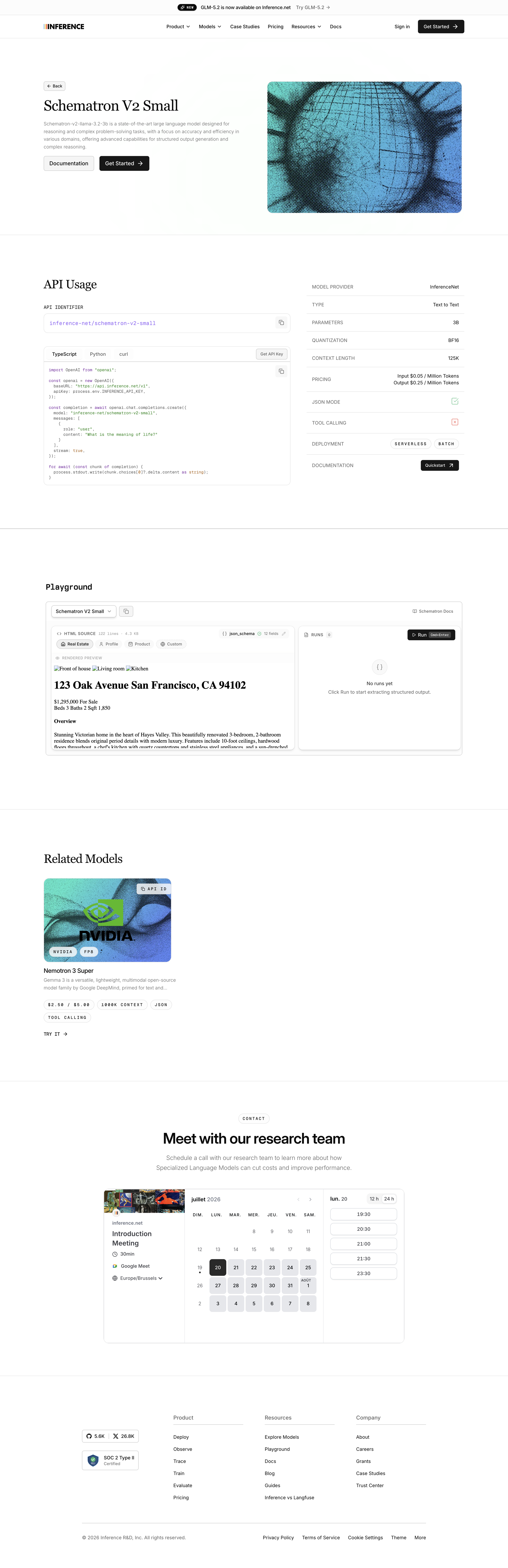 Inference - Schematron V2 Small | AI Models | Inference.net screen