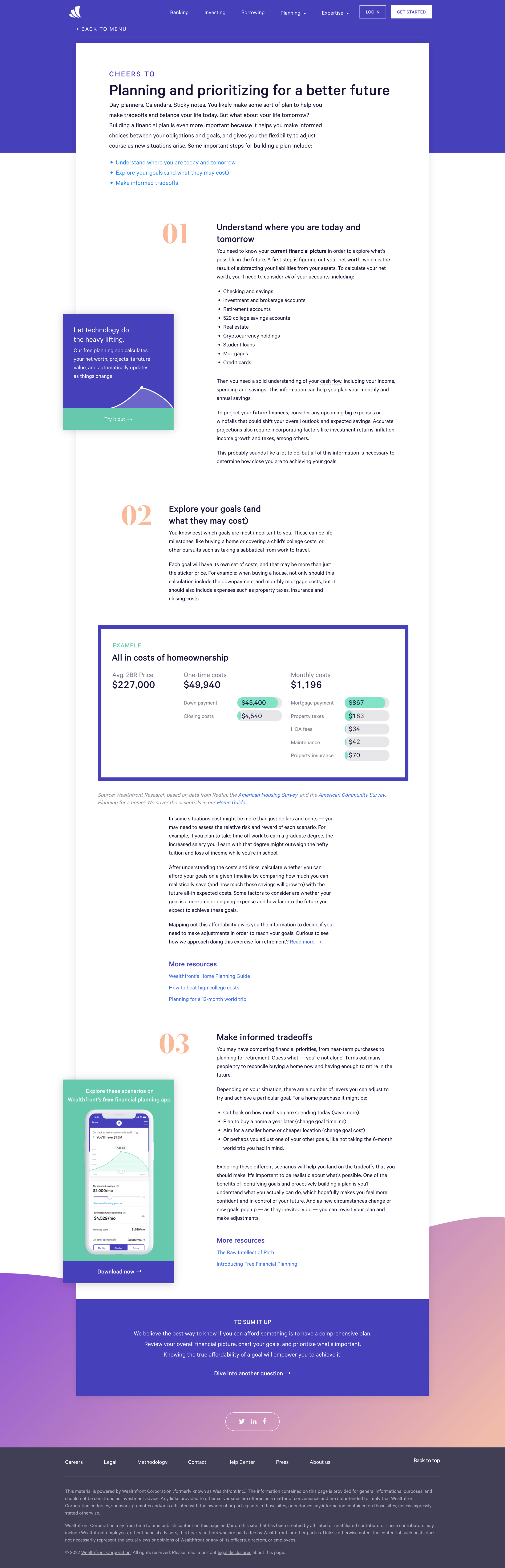 Wealthfront - How to get started with financial planning screen