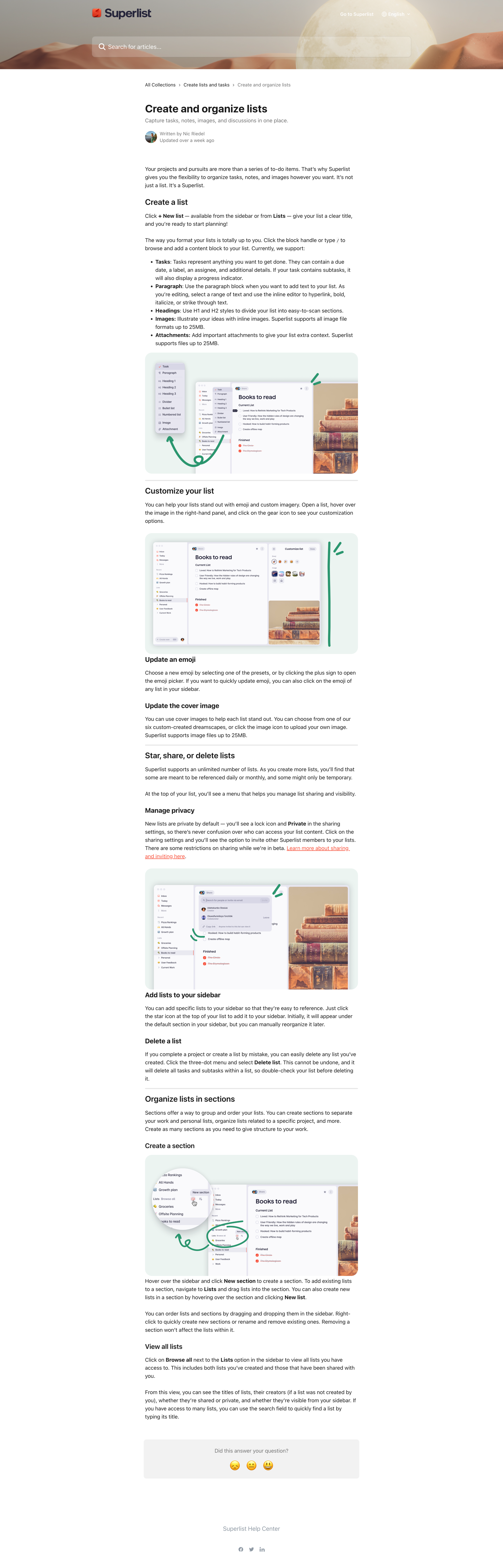 Superlist - Create and organize lists | Superlist Help Center screen