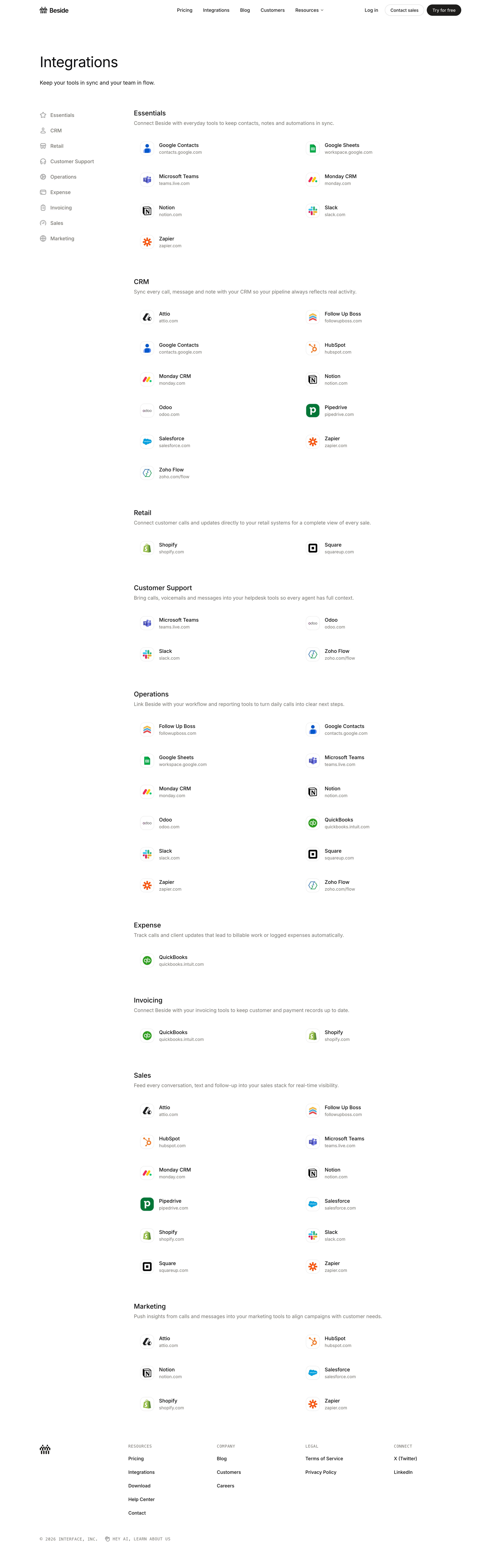 Beside - Integrations screen