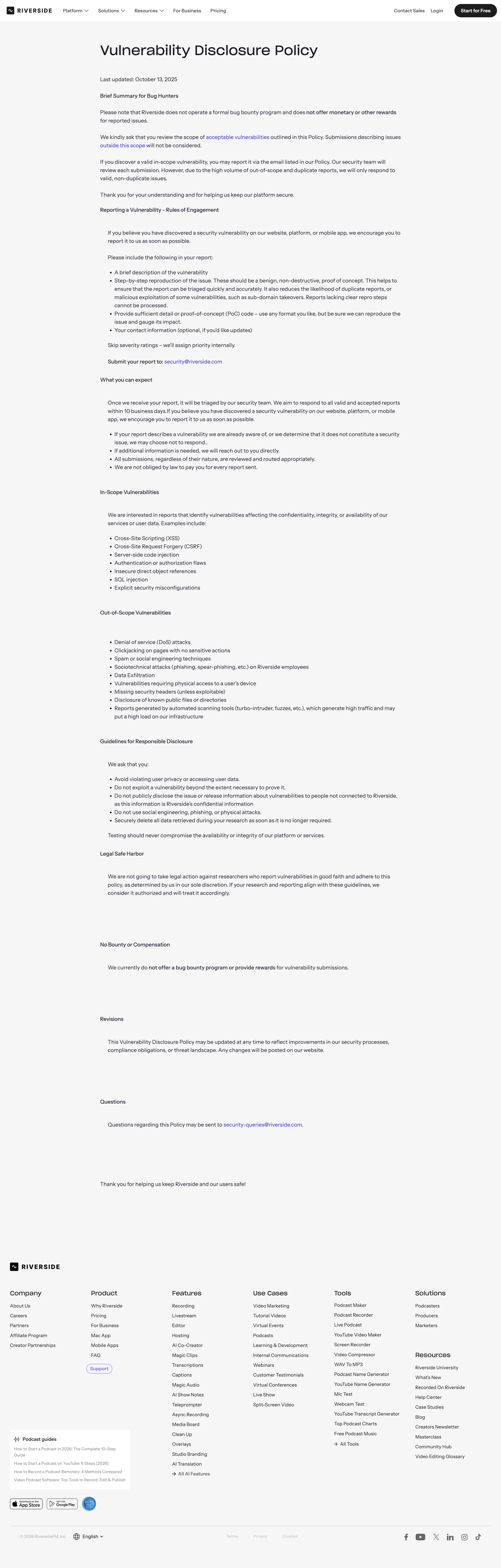 Riverside - Vulnerability Disclosure Policy screen