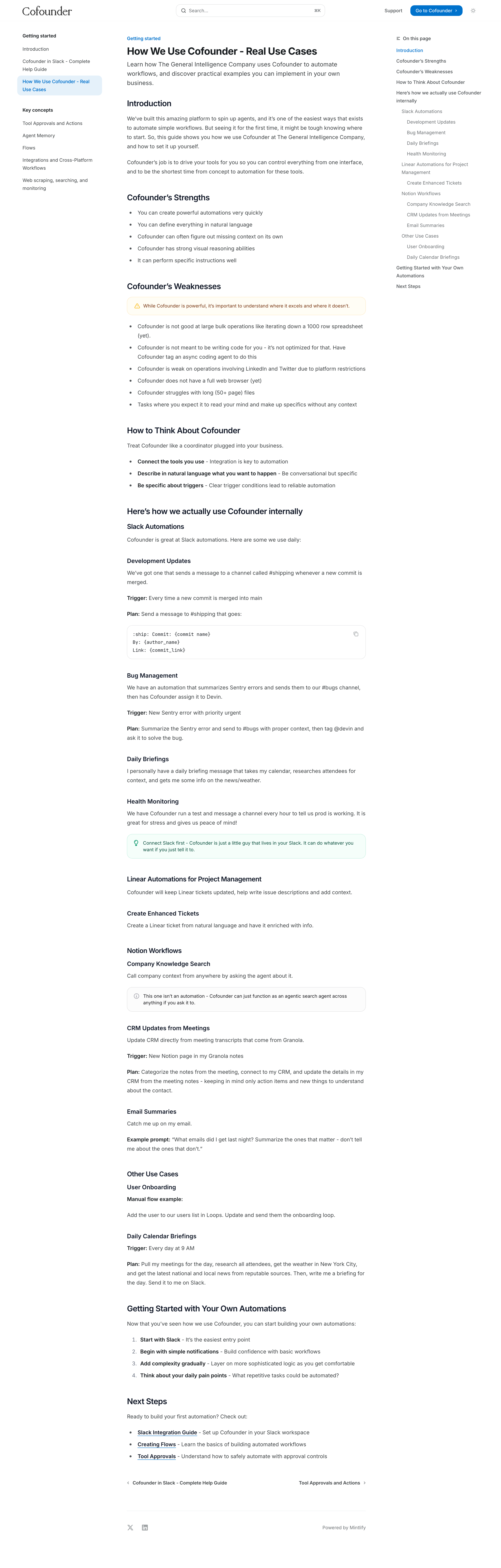 Cofounder - How We Use Cofounder - Real Use Cases - Documentation screen