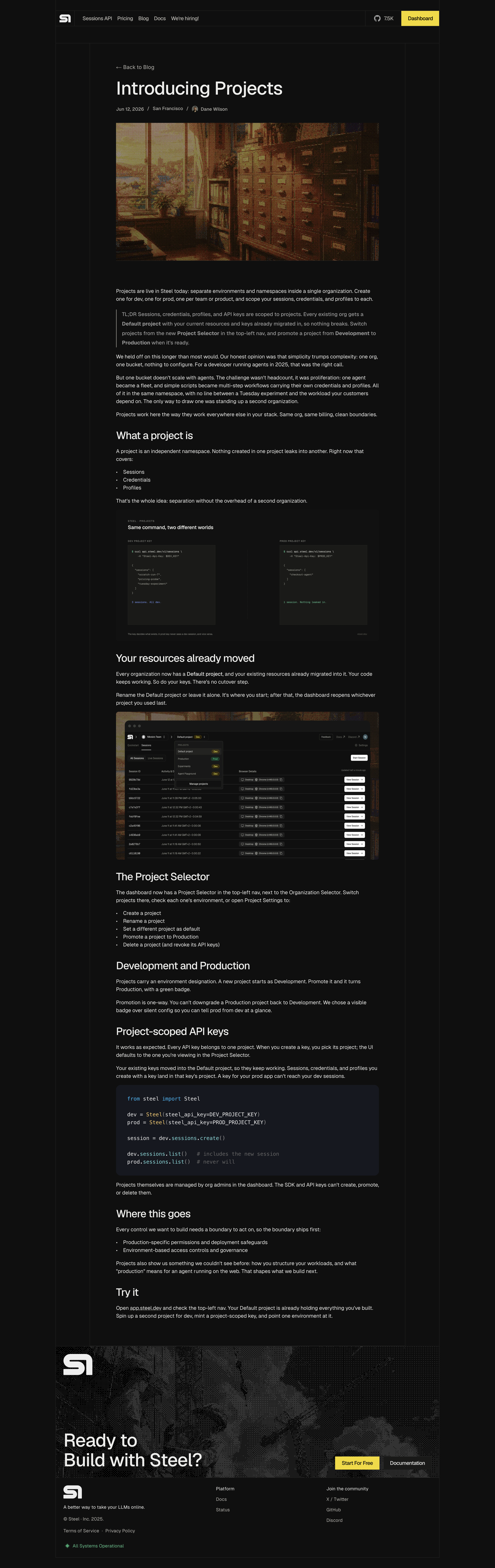 Steel - Introducing Projects - Steel | Open-source Headless Browser API screen